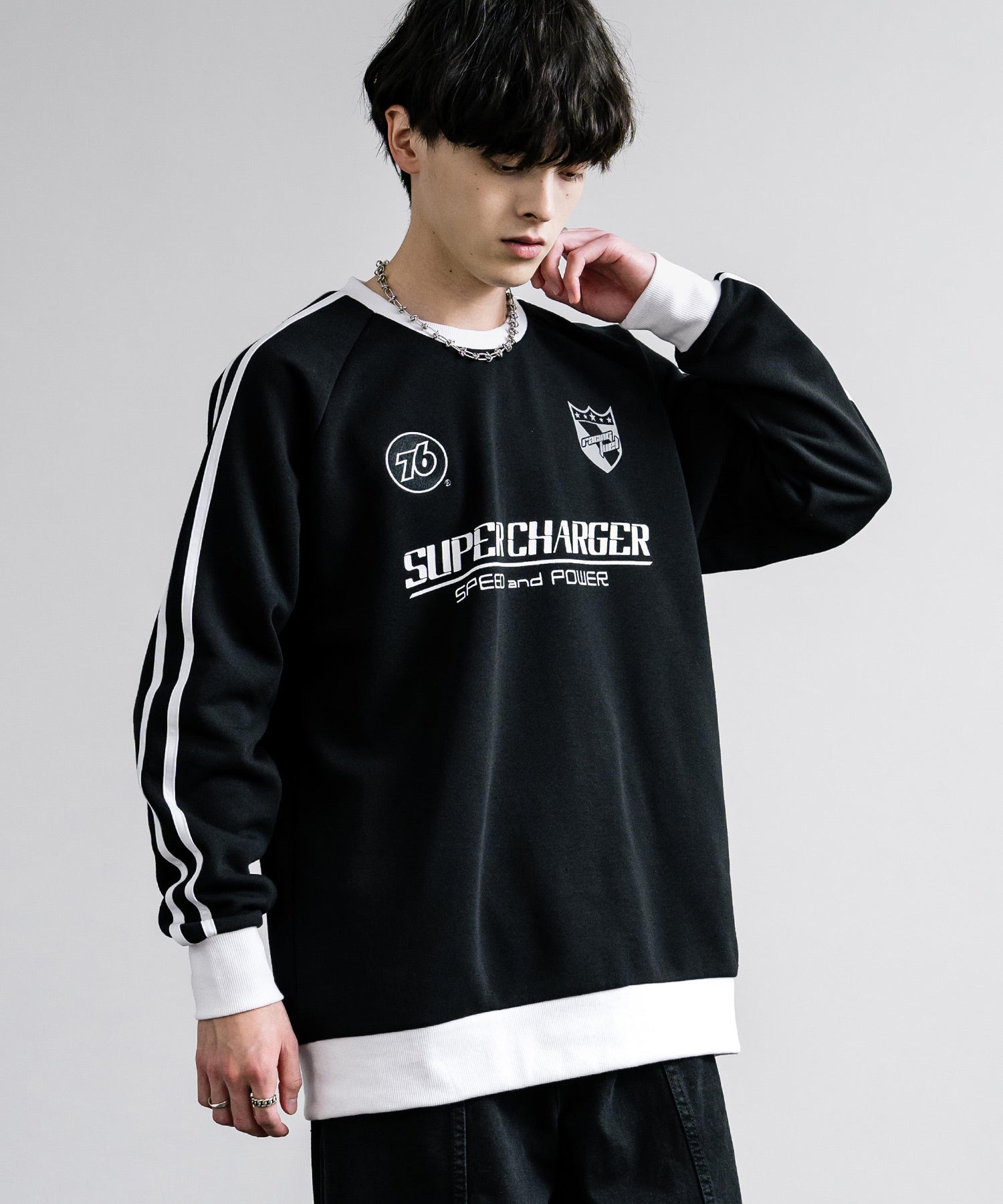 ロッキーモンロー Rocky Monroe トレーナー スウェット ラグラン メンズ レディース 長袖 裏起毛 クルーネック プリント 袖ライン 刺繍 ワンポイント 76lubricants 14153