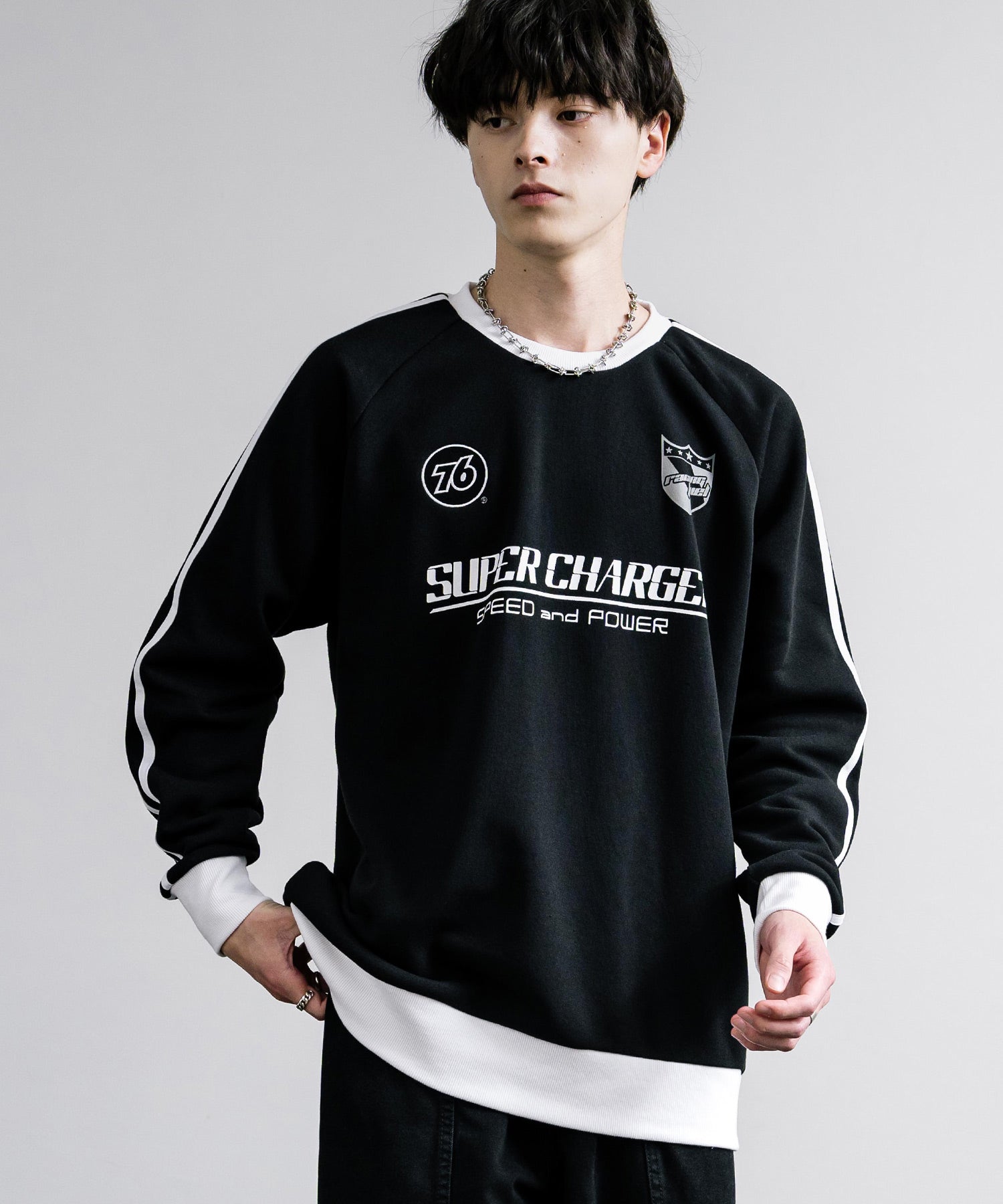 ロッキーモンロー Rocky Monroe トレーナー スウェット ラグラン メンズ レディース 長袖 裏起毛 クルーネック プリント 袖ライン 刺繍 ワンポイント 76lubricants 14153