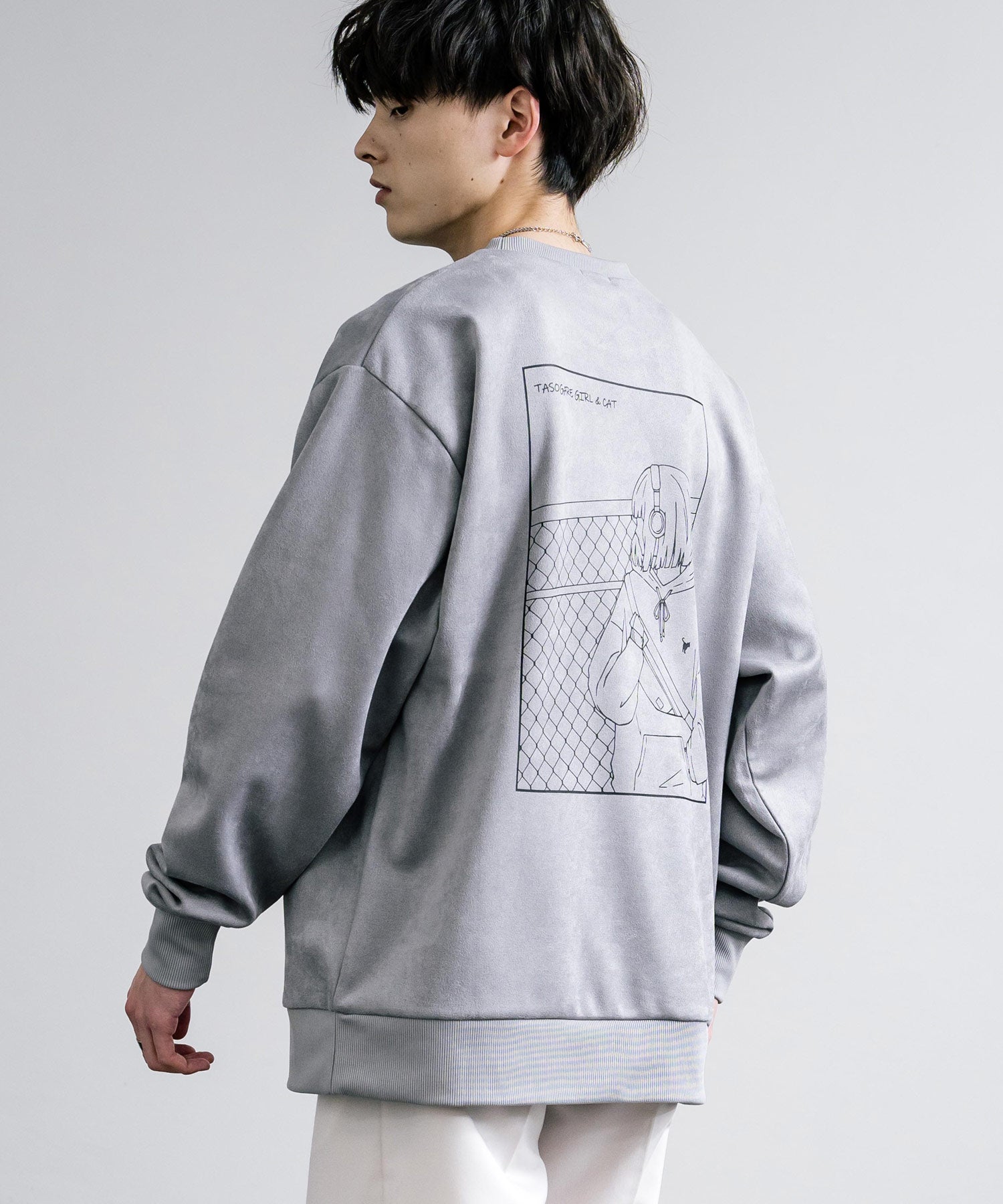 ロッキーモンロー Rocky Monroe トレーナー スウェット フェイクスウェード メンズ レディース バックプリント オーバーサイズ ビッグシルエット ルーズ 猫 ワンポイン刺繍 14149 （03.グレー） 03.グレー
