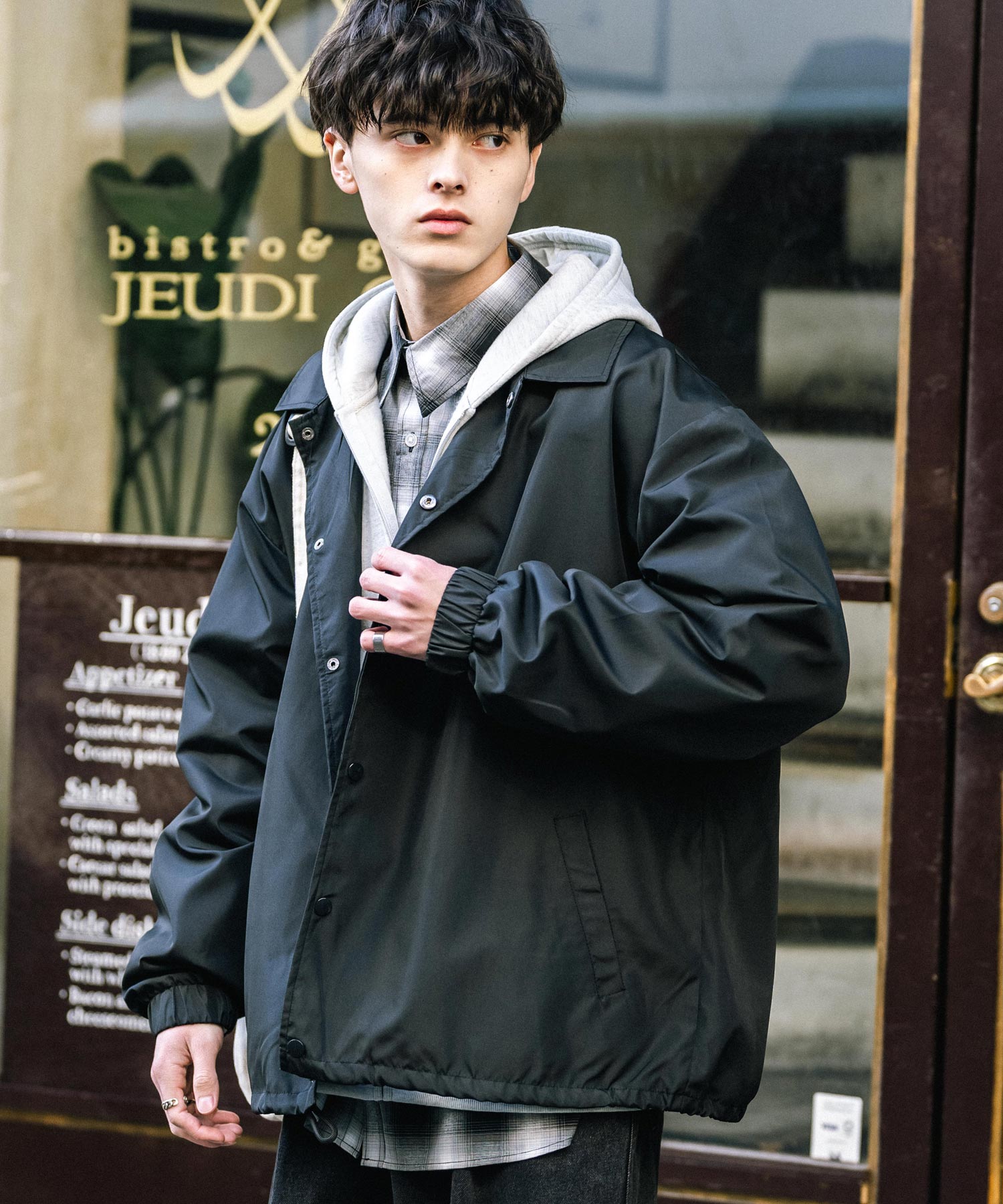 ロッキーモンロー Rocky Monroe コーチジャケット ライトアウター ブルゾン メンズ レディース オーバーサイズ ドローストリング 無地 耐久性 撥水 DEWSPO デュスポ 韓国 13953