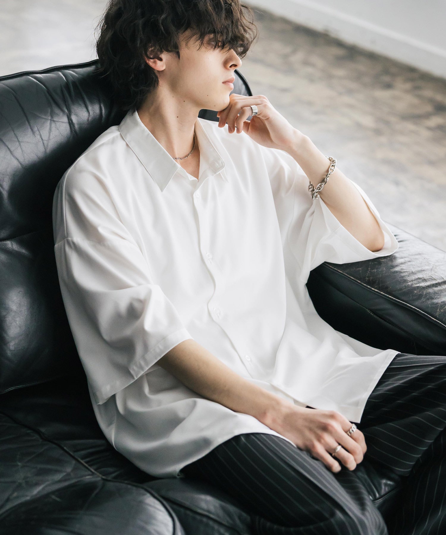 ロッキーモンロー Rocky Monroe 接触冷感 ビッグシャツ 半袖 ストレッチ メンズ レディース 無地 とろみ オーバーサイズ ビッグシルエット ドレープ 微光沢 清涼感  14208 （ホワイト） ホワイト