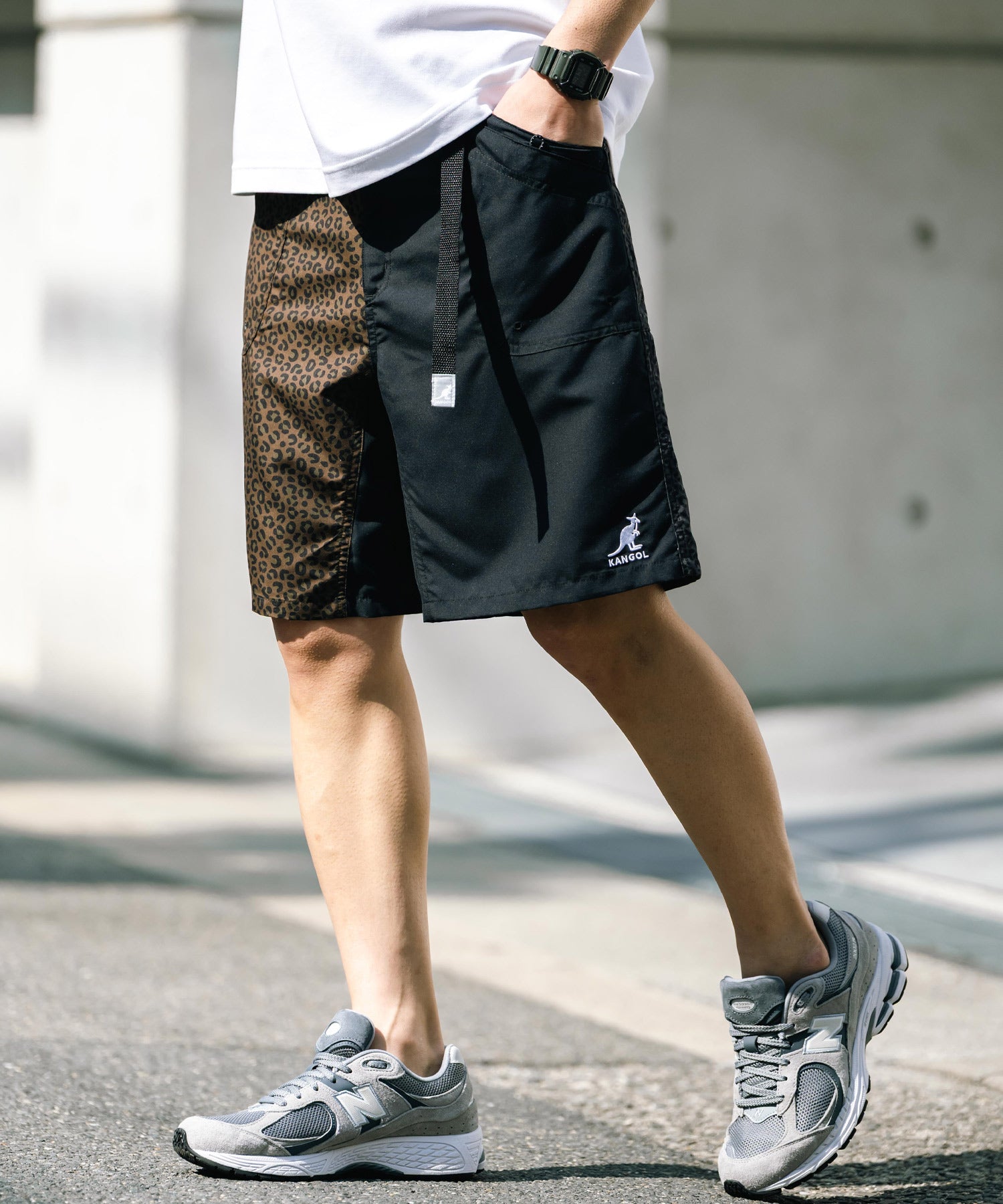 ロッキーモンロー Rocky Monroe KANGOL 接触冷感 ショートパンツ メンズ  膝丈 水陸両用 ハーフパンツ ロゴ刺繍 レオパード ヒョウ柄 迷彩 紫外線対策 UVカット 14237 （カモ） カモ