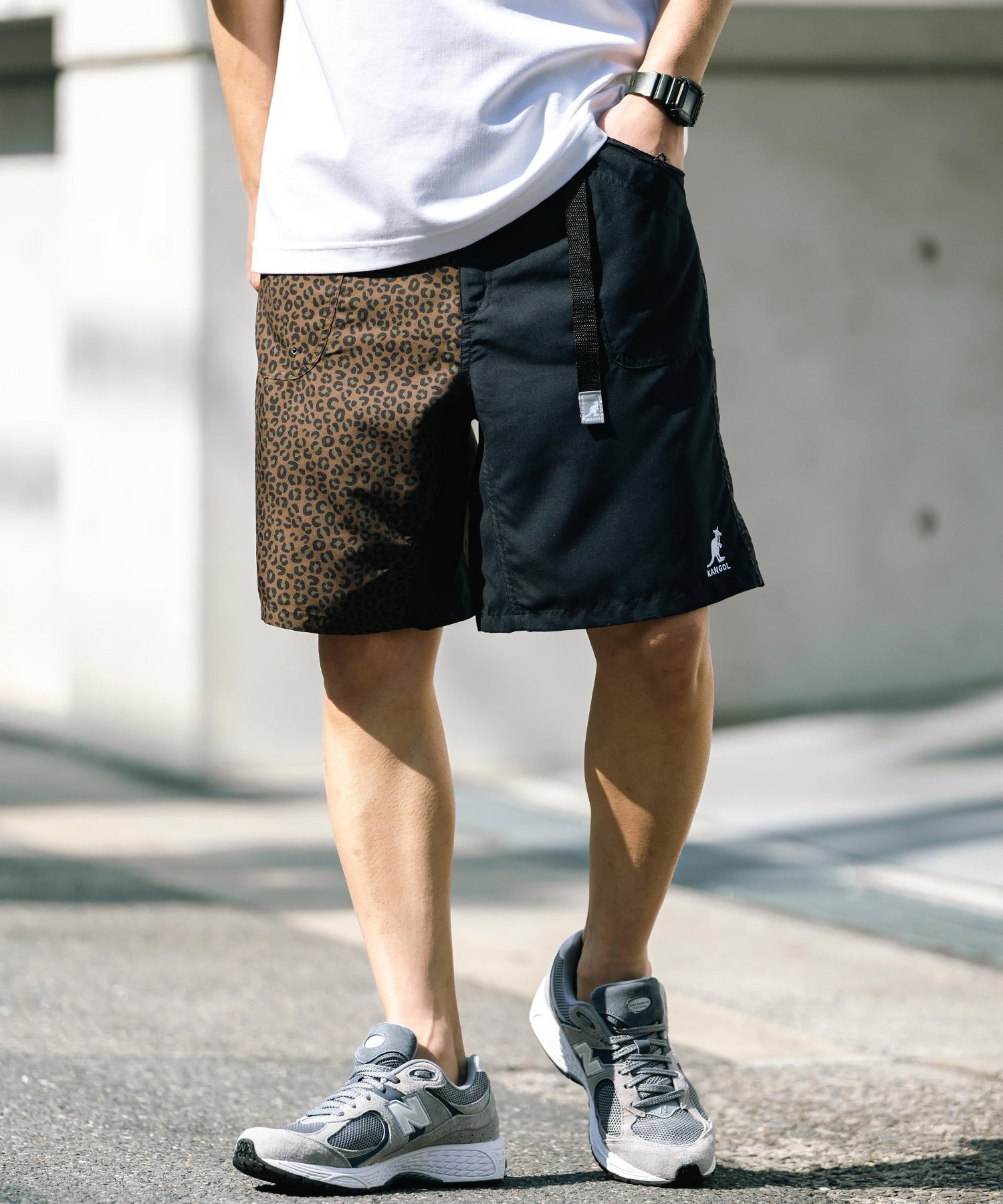 ロッキーモンロー Rocky Monroe KANGOL 接触冷感 ショートパンツ メンズ  膝丈 水陸両用 ハーフパンツ ロゴ刺繍 レオパード ヒョウ柄 迷彩 紫外線対策 UVカット 14237 （カモ） カモ