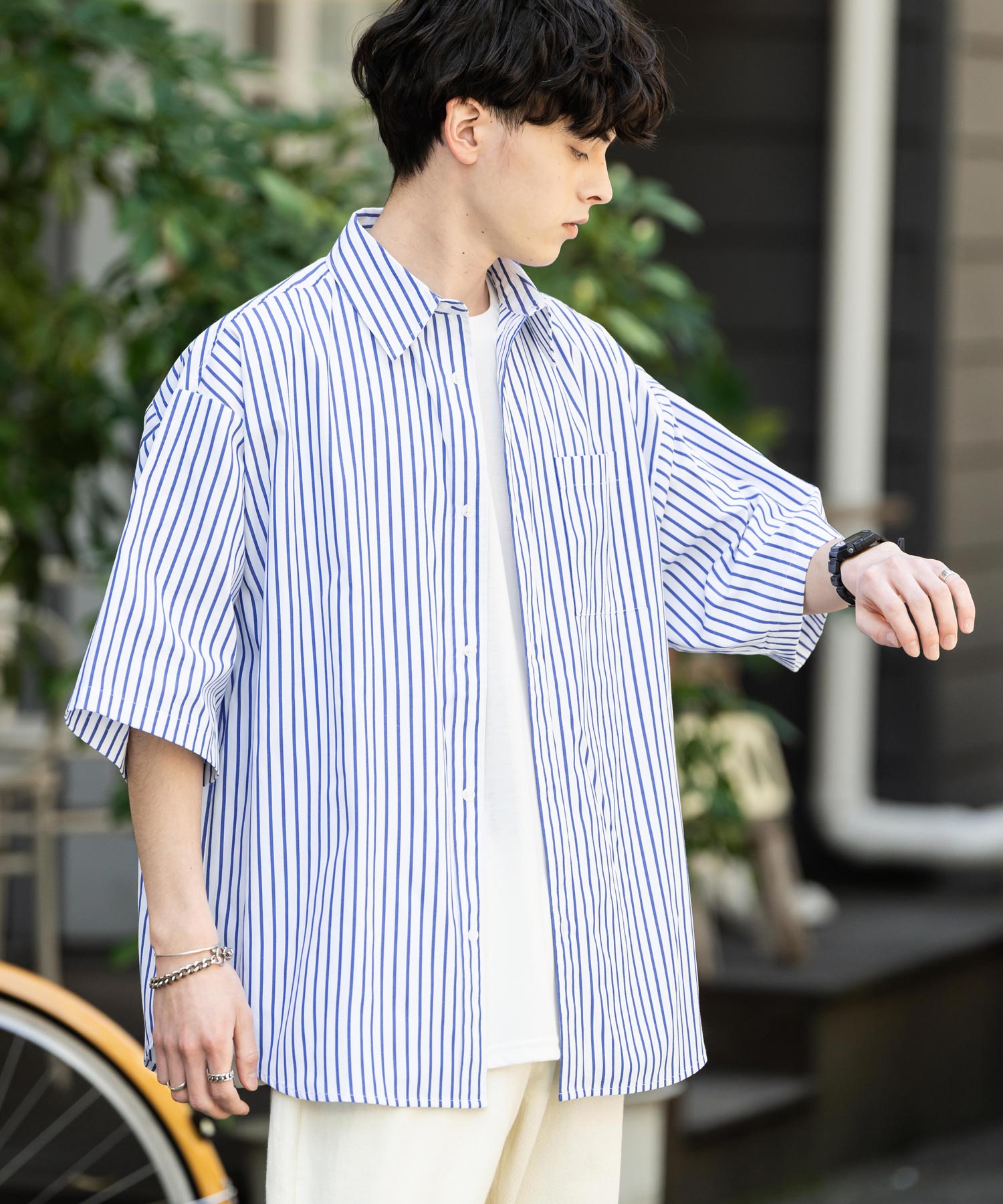 Rocky Monroe Big Shirt Short Sleeve Men Women Plain Stripe Check Oversized Relax Regular Collar White Shirt Chest Pocket 13977