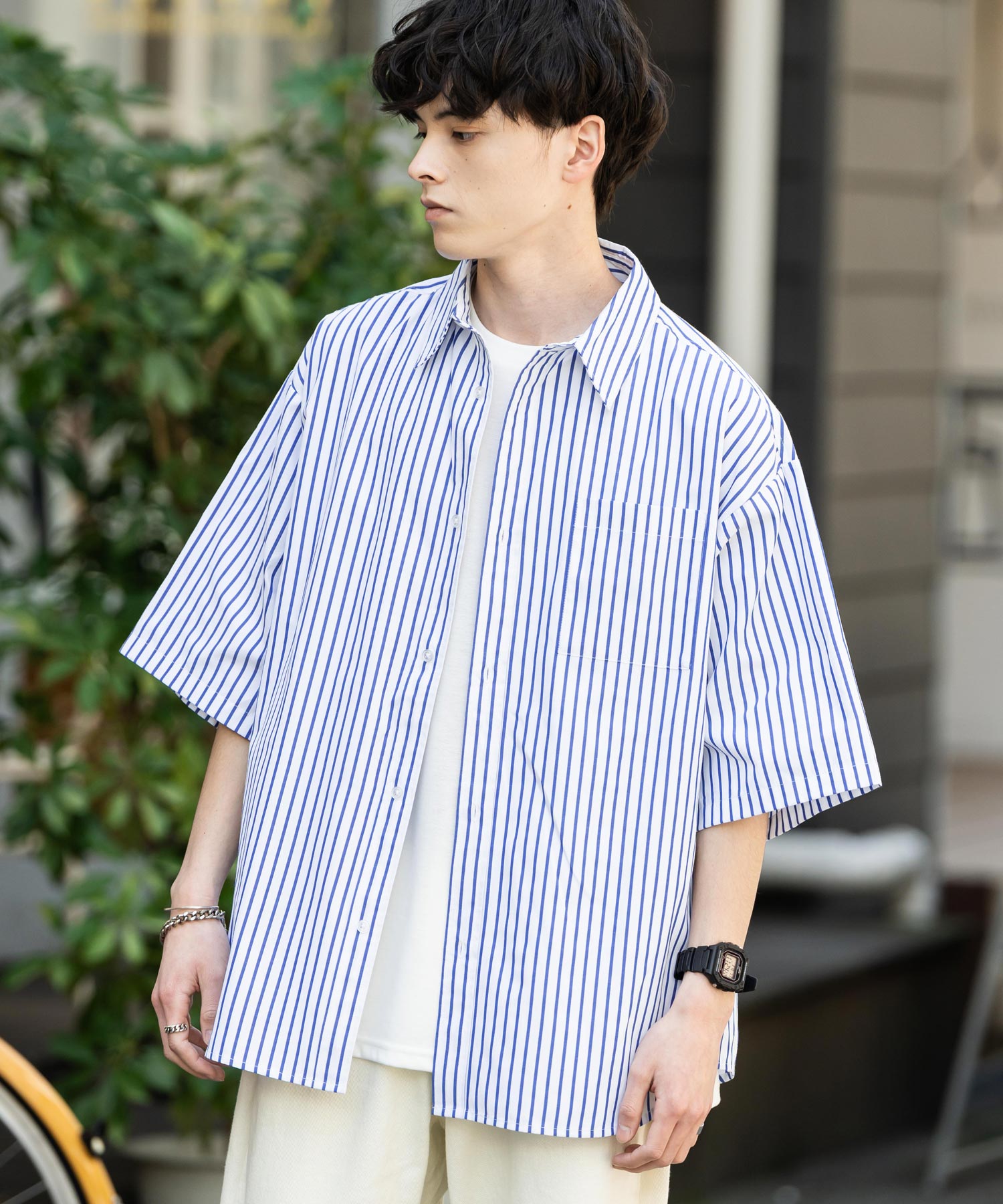 Rocky Monroe Big Shirt Short Sleeve Men Women Plain Stripe Check Oversized Relax Regular Collar White Shirt Chest Pocket 13977