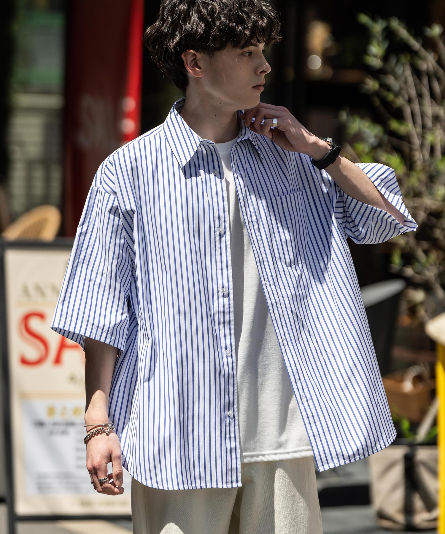 Rocky Monroe Big Shirt Short Sleeve Men Women Plain Stripe Check Oversized Relax Regular Collar White Shirt Chest Pocket 13977