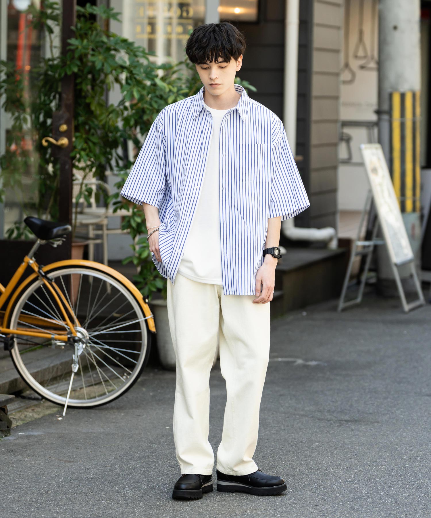 Rocky Monroe Big Shirt Short Sleeve Men Women Plain Stripe Check Oversized Relax Regular Collar White Shirt Chest Pocket 13977