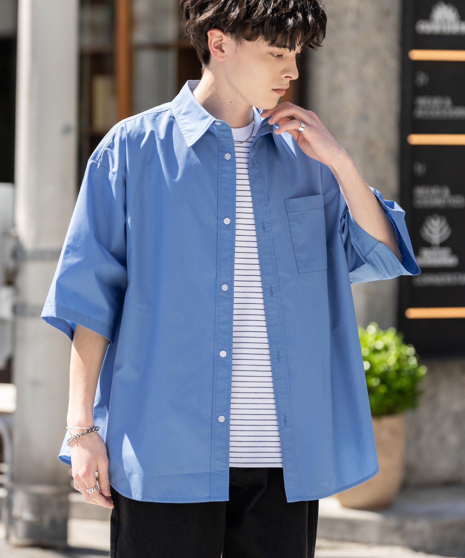 Rocky Monroe Big Shirt Short Sleeve Men Women Plain Stripe Check Oversized Relax Regular Collar White Shirt Chest Pocket 13977