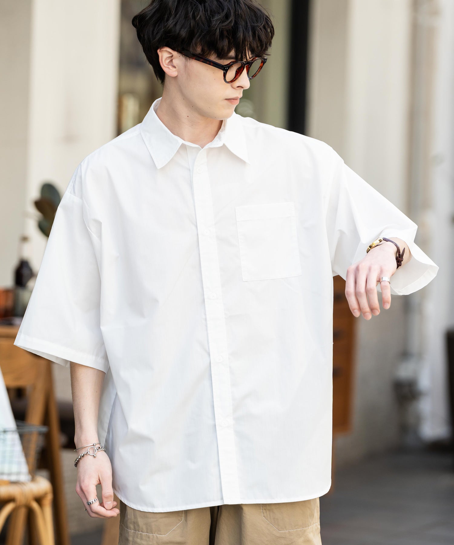 Rocky Monroe Big Shirt Short Sleeve Men Women Plain Stripe Check Oversized Relax Regular Collar White Shirt Chest Pocket 13977