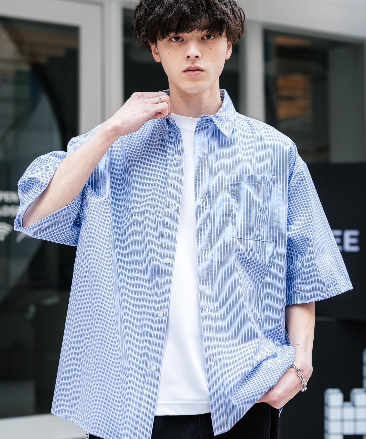 Rocky Monroe Big Shirt Short Sleeve Men Women Plain Stripe Check Oversized Relax Regular Collar White Shirt Chest Pocket 13977