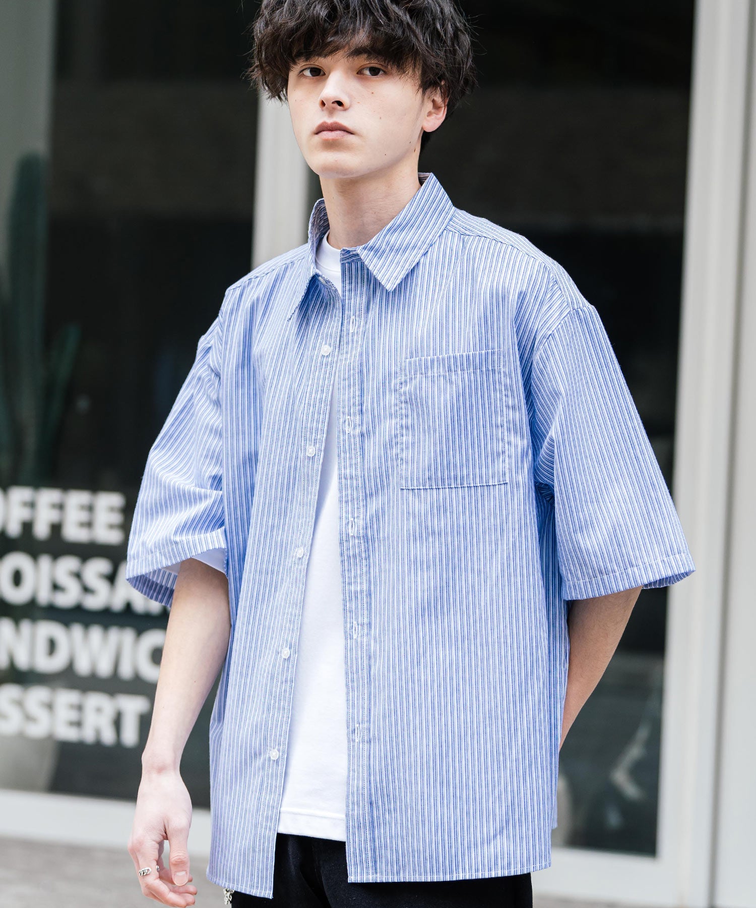 Rocky Monroe Big Shirt Short Sleeve Men Women Plain Stripe Check Oversized Relax Regular Collar White Shirt Chest Pocket 13977