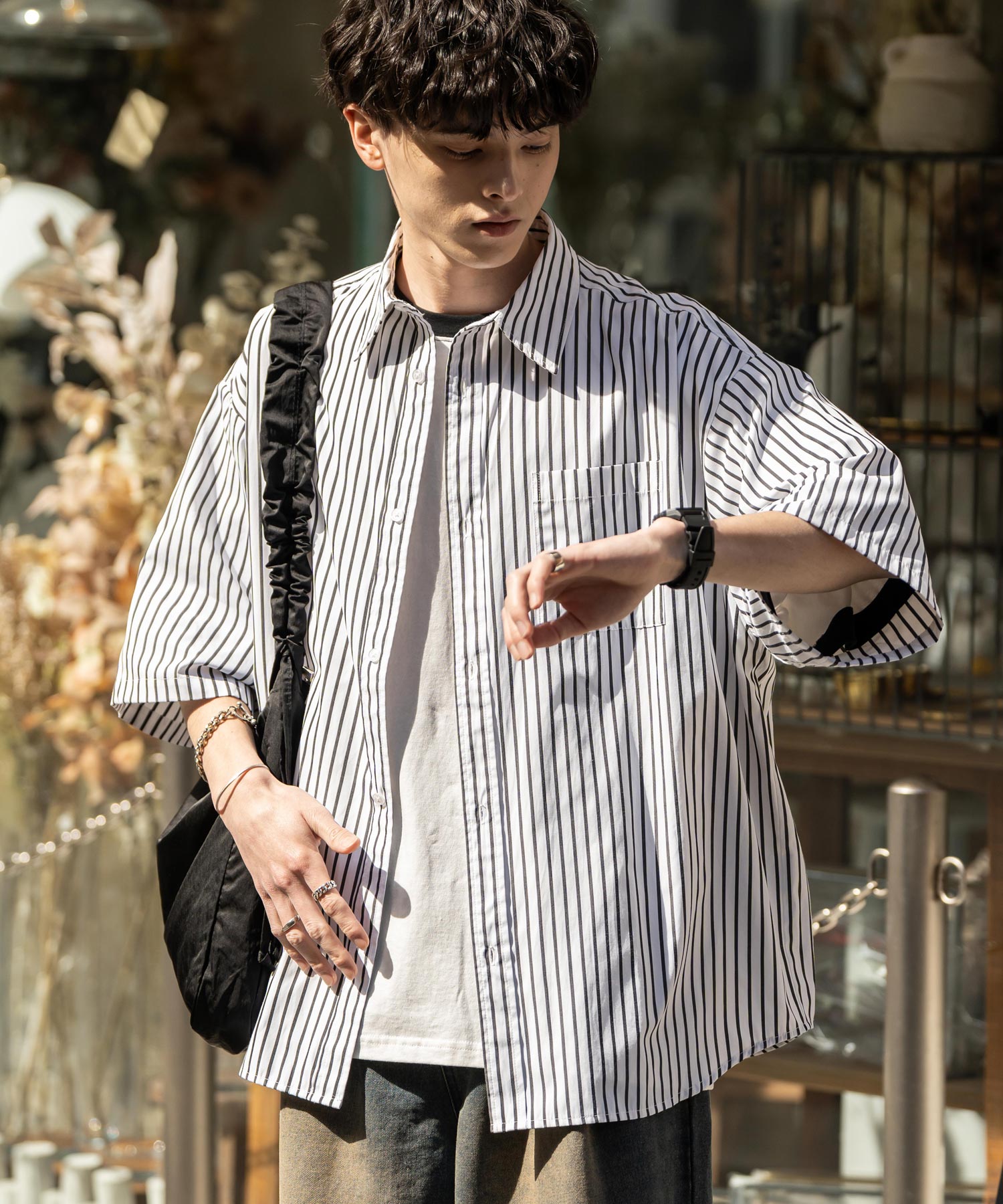 Rocky Monroe Big Shirt Short Sleeve Men Women Plain Stripe Check Oversized Relax Regular Collar White Shirt Chest Pocket 13977