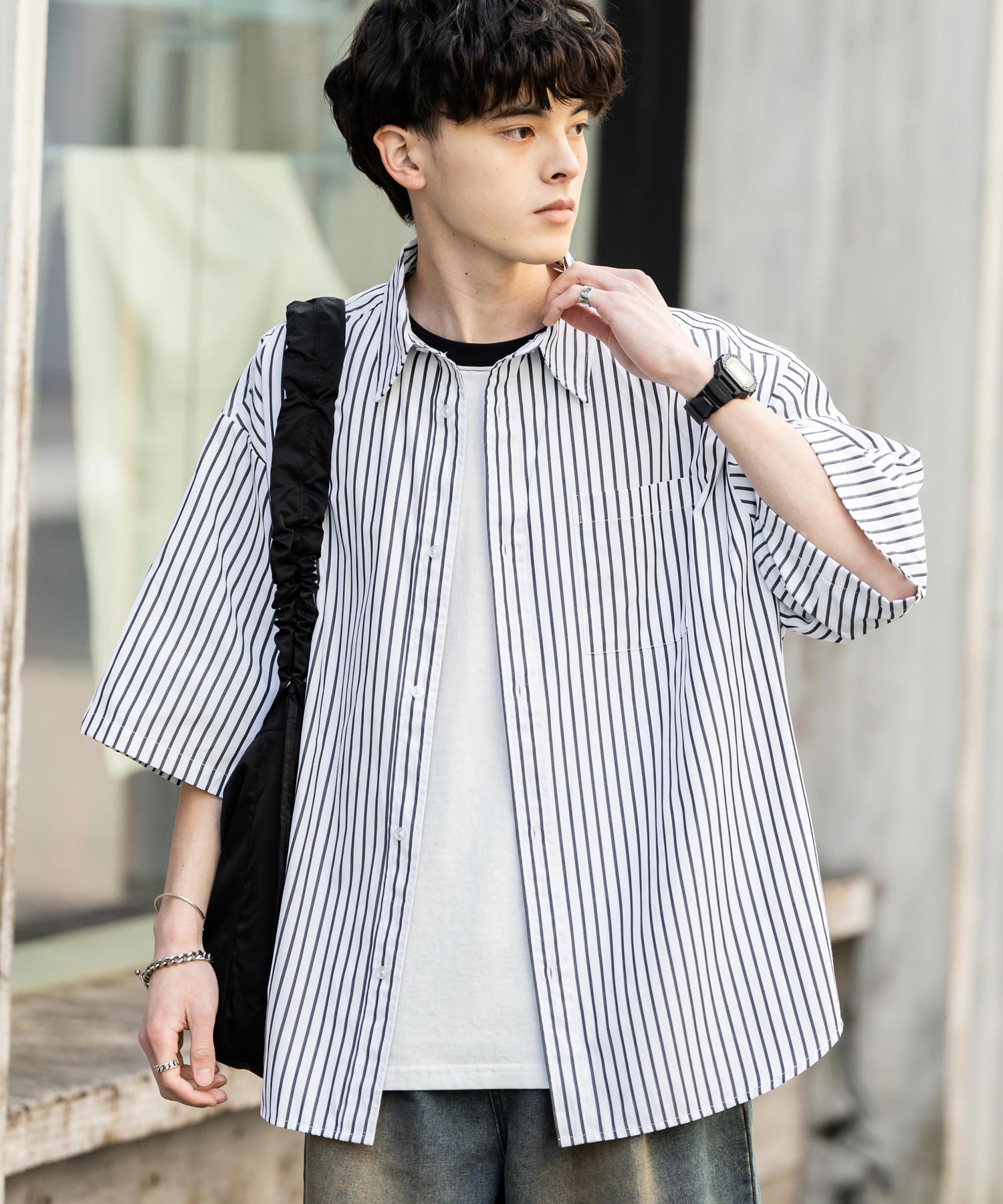 Rocky Monroe Big Shirt Short Sleeve Men Women Plain Stripe Check Oversized Relax Regular Collar White Shirt Chest Pocket 13977