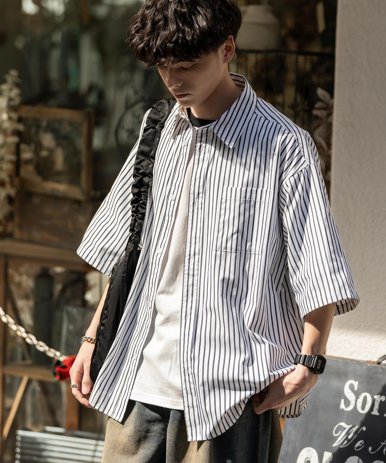 Rocky Monroe Big Shirt Short Sleeve Men Women Plain Stripe Check Oversized Relax Regular Collar White Shirt Chest Pocket 13977