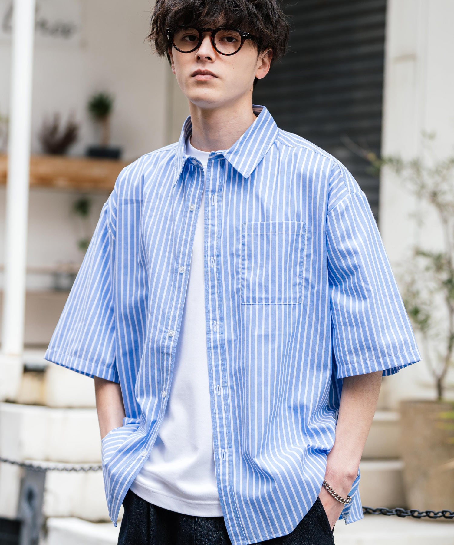 Rocky Monroe Big Shirt Short Sleeve Men Women Plain Stripe Check Oversized Relax Regular Collar White Shirt Chest Pocket 13977