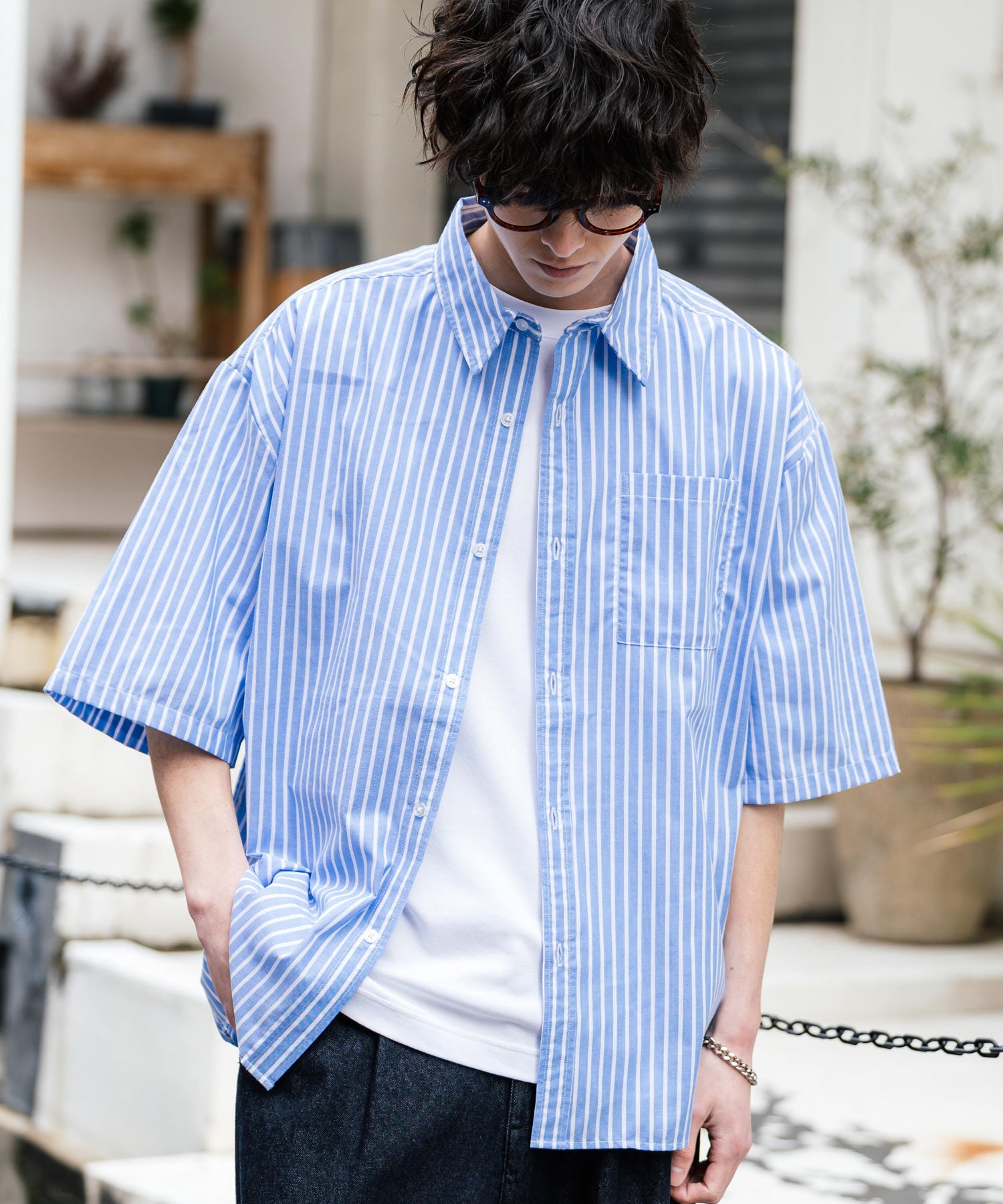 Rocky Monroe Big Shirt Short Sleeve Men Women Plain Stripe Check Oversized Relax Regular Collar White Shirt Chest Pocket 13977