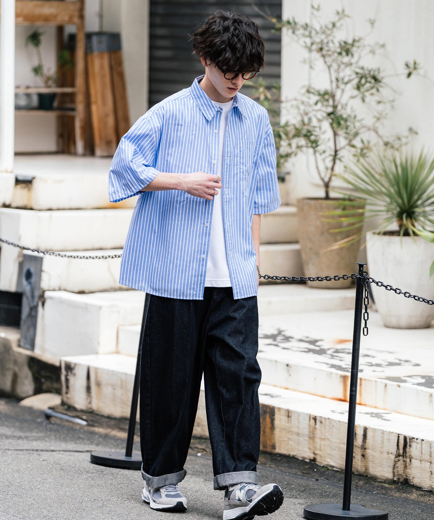 Rocky Monroe Big Shirt Short Sleeve Men Women Plain Stripe Check Oversized Relax Regular Collar White Shirt Chest Pocket 13977