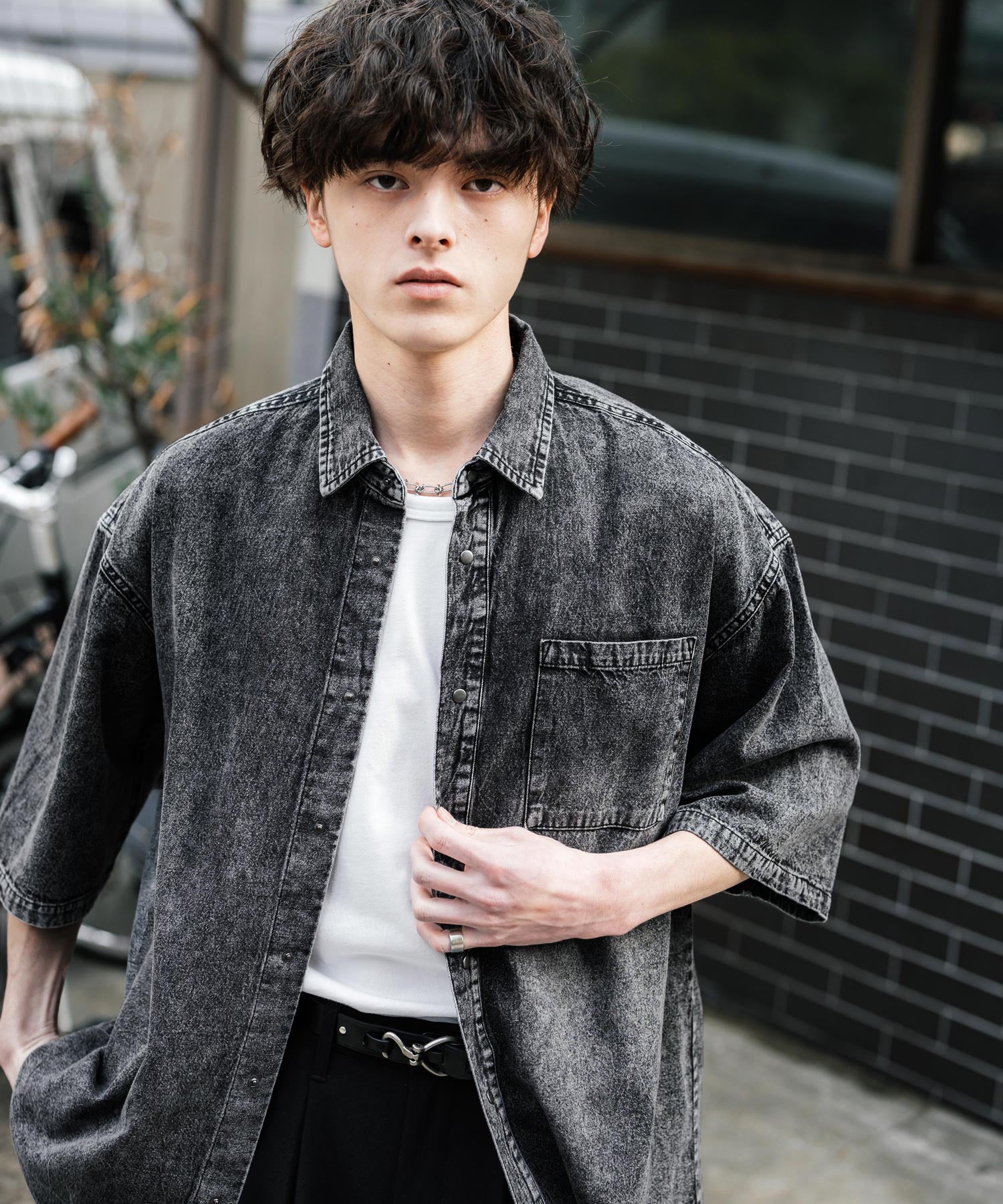 Rocky Monroe Denim Shirt Short Sleeve Shirt Jacket Men's Oversized Relaxed Loose Outerwear Casual Vintage Blast Chemical Wash 14273