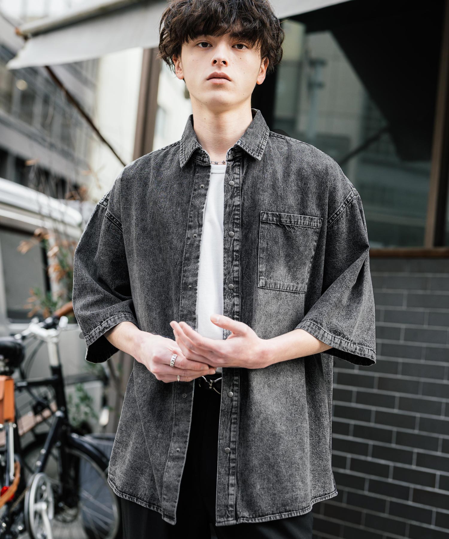 Rocky Monroe Denim Shirt Short Sleeve Shirt Jacket Men's Oversized Relaxed Loose Outerwear Casual Vintage Blast Chemical Wash 14273