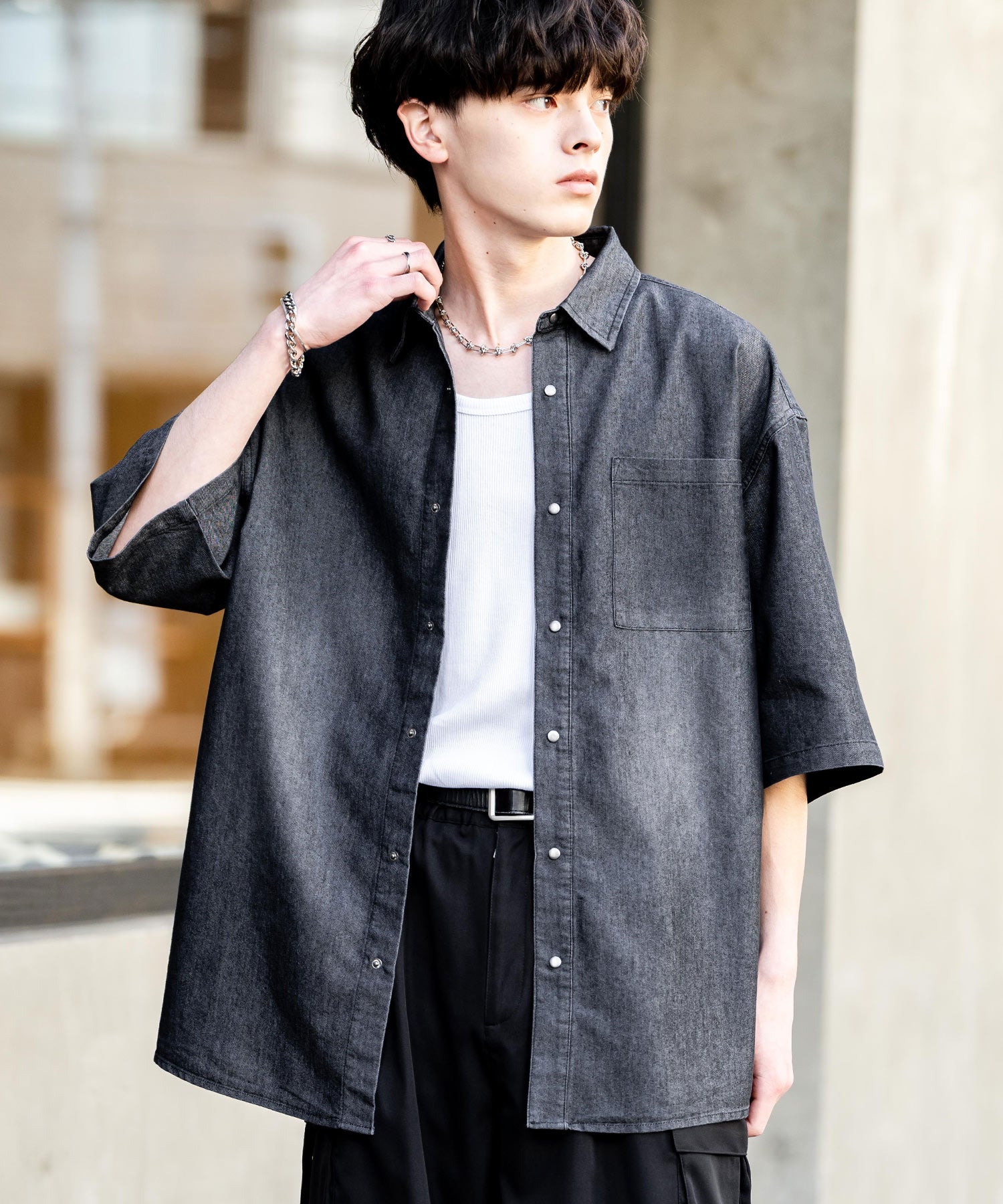 Rocky Monroe Denim Shirt Short Sleeve Shirt Jacket Men's Oversized Relaxed Loose Outerwear Casual Vintage Blast Chemical Wash 14273