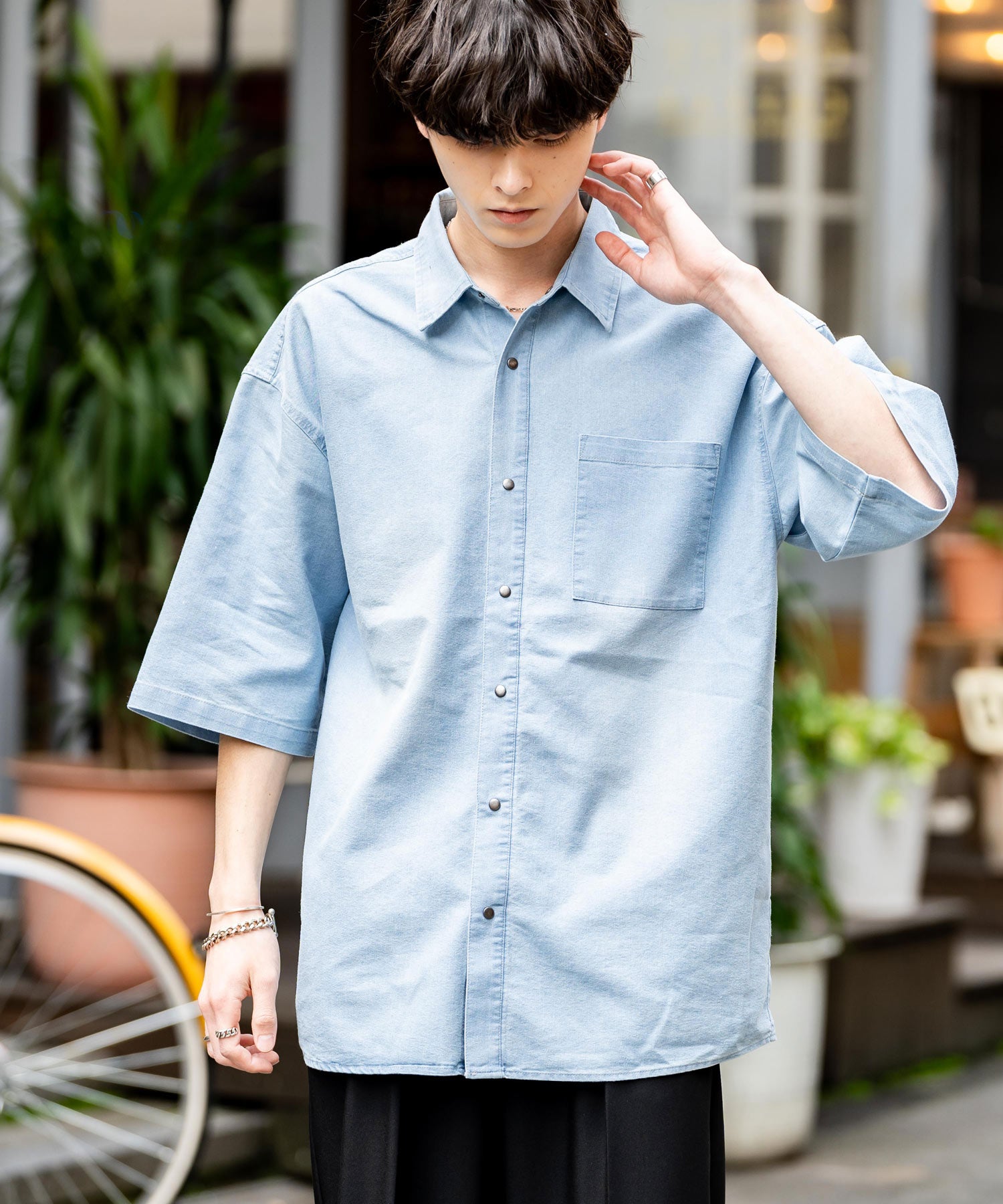 Rocky Monroe Denim Shirt Short Sleeve Shirt Jacket Men's Oversized Relaxed Loose Outerwear Casual Vintage Blast Chemical Wash 14273