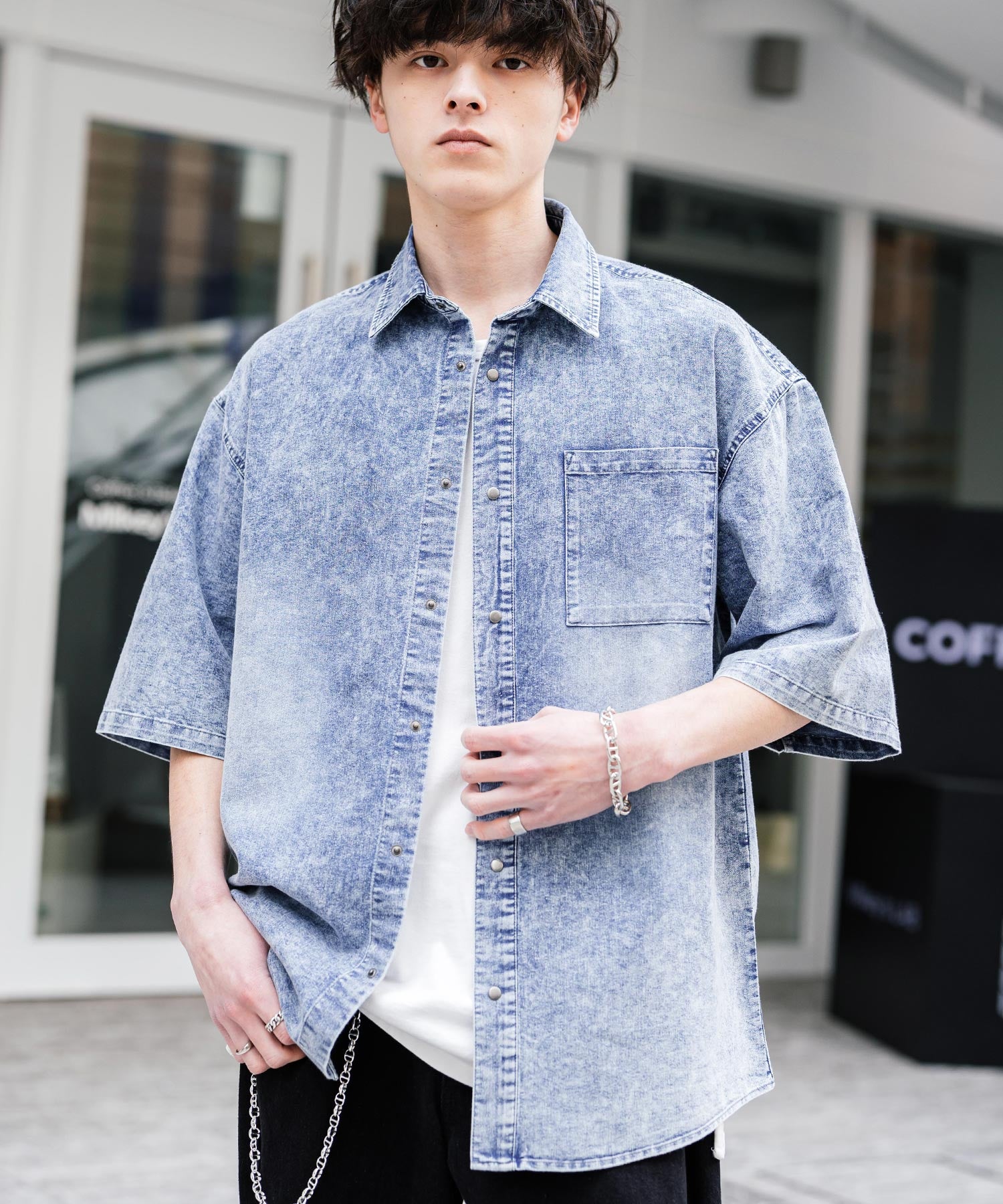 Rocky Monroe Denim Shirt Short Sleeve Shirt Jacket Men's Oversized Relaxed Loose Outerwear Casual Vintage Blast Chemical Wash 14273