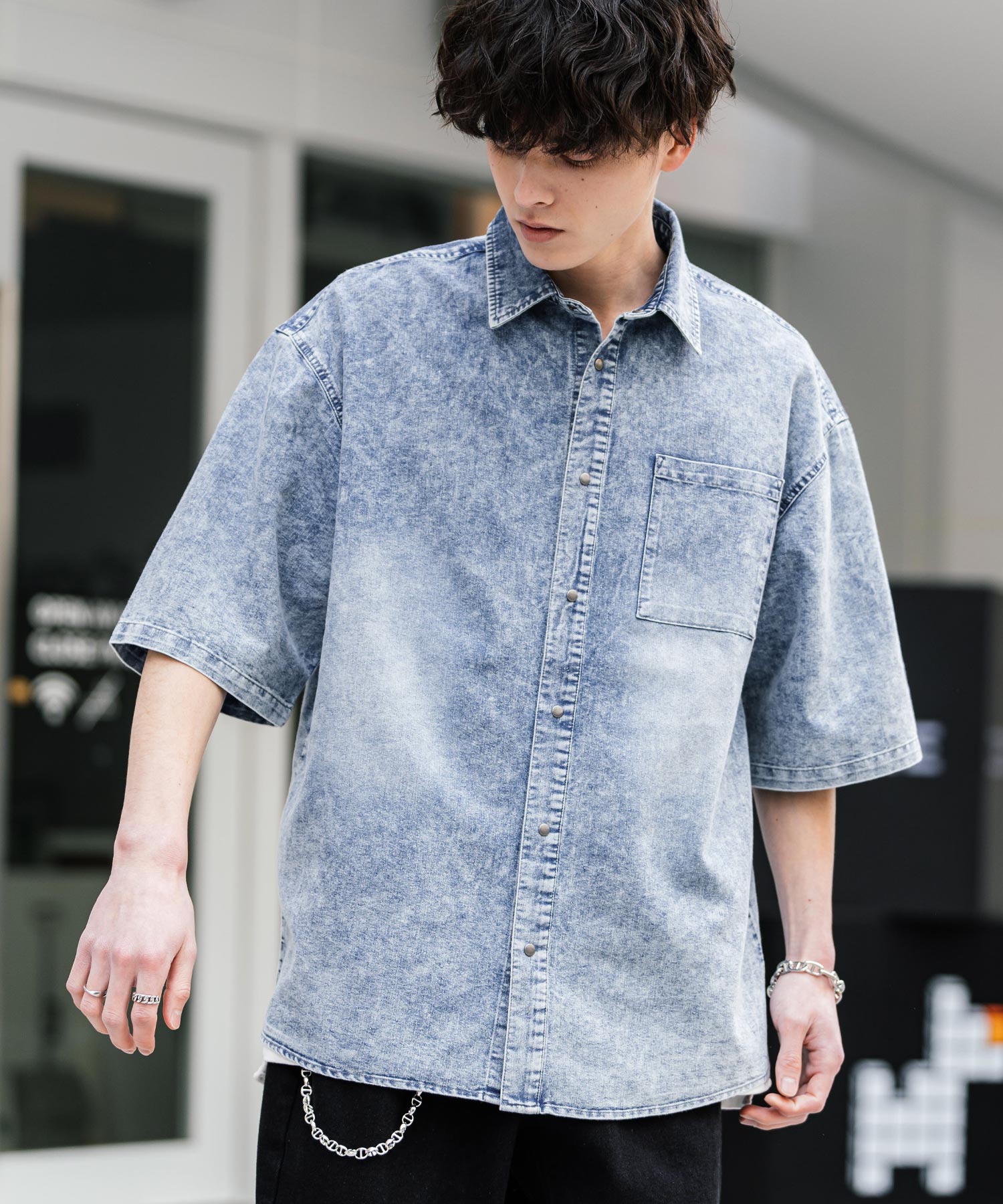 Rocky Monroe Denim Shirt Short Sleeve Shirt Jacket Men's Oversized Relaxed Loose Outerwear Casual Vintage Blast Chemical Wash 14273