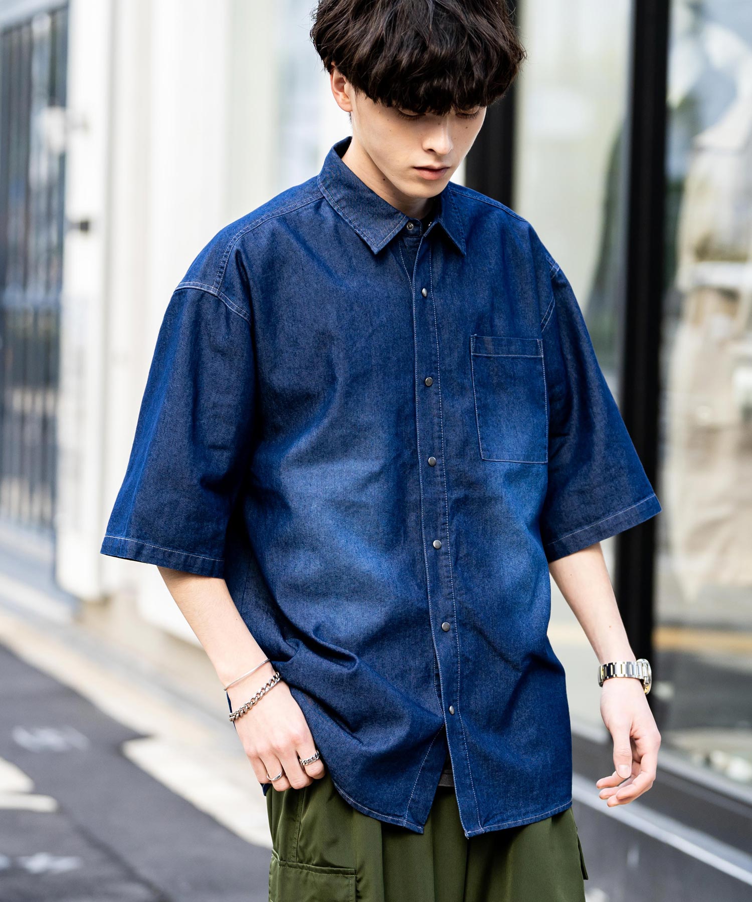 Rocky Monroe Denim Shirt Short Sleeve Shirt Jacket Men's Oversized Relaxed Loose Outerwear Casual Vintage Blast Chemical Wash 14273