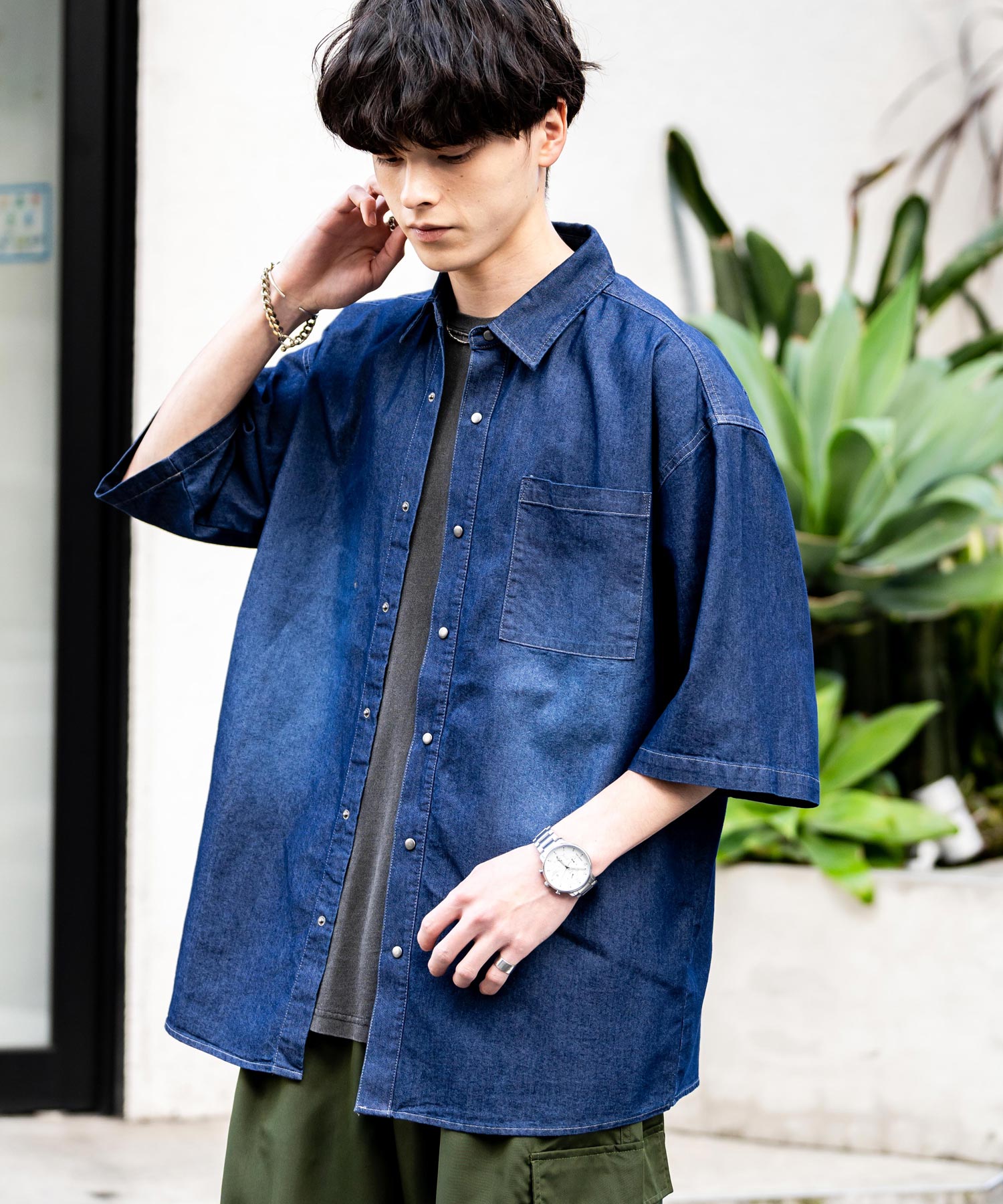 Rocky Monroe Denim Shirt Short Sleeve Shirt Jacket Men's Oversized Relaxed Loose Outerwear Casual Vintage Blast Chemical Wash 14273