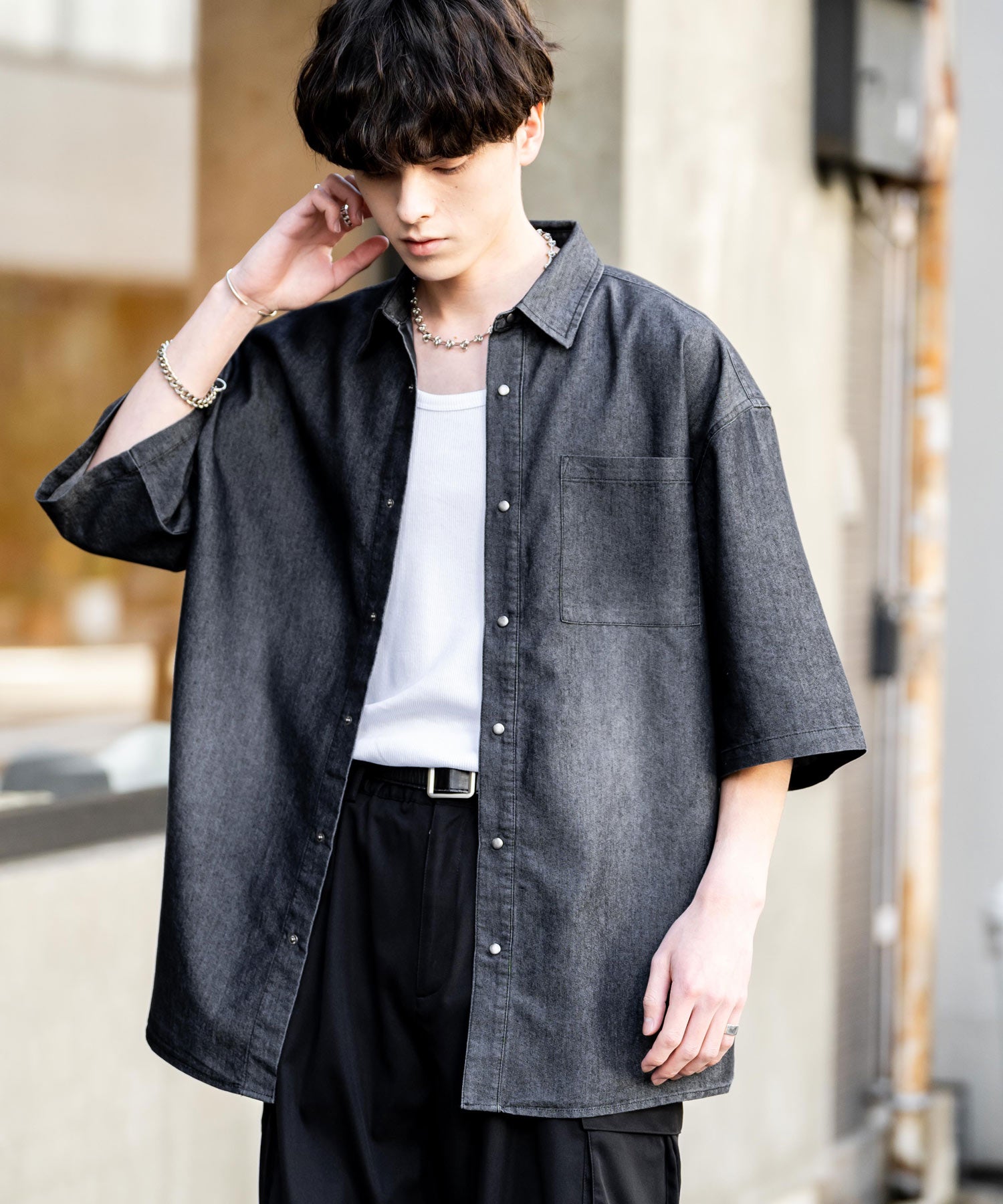 Rocky Monroe Denim Shirt Short Sleeve Shirt Jacket Men's Oversized Relaxed Loose Outerwear Casual Vintage Blast Chemical Wash 14273