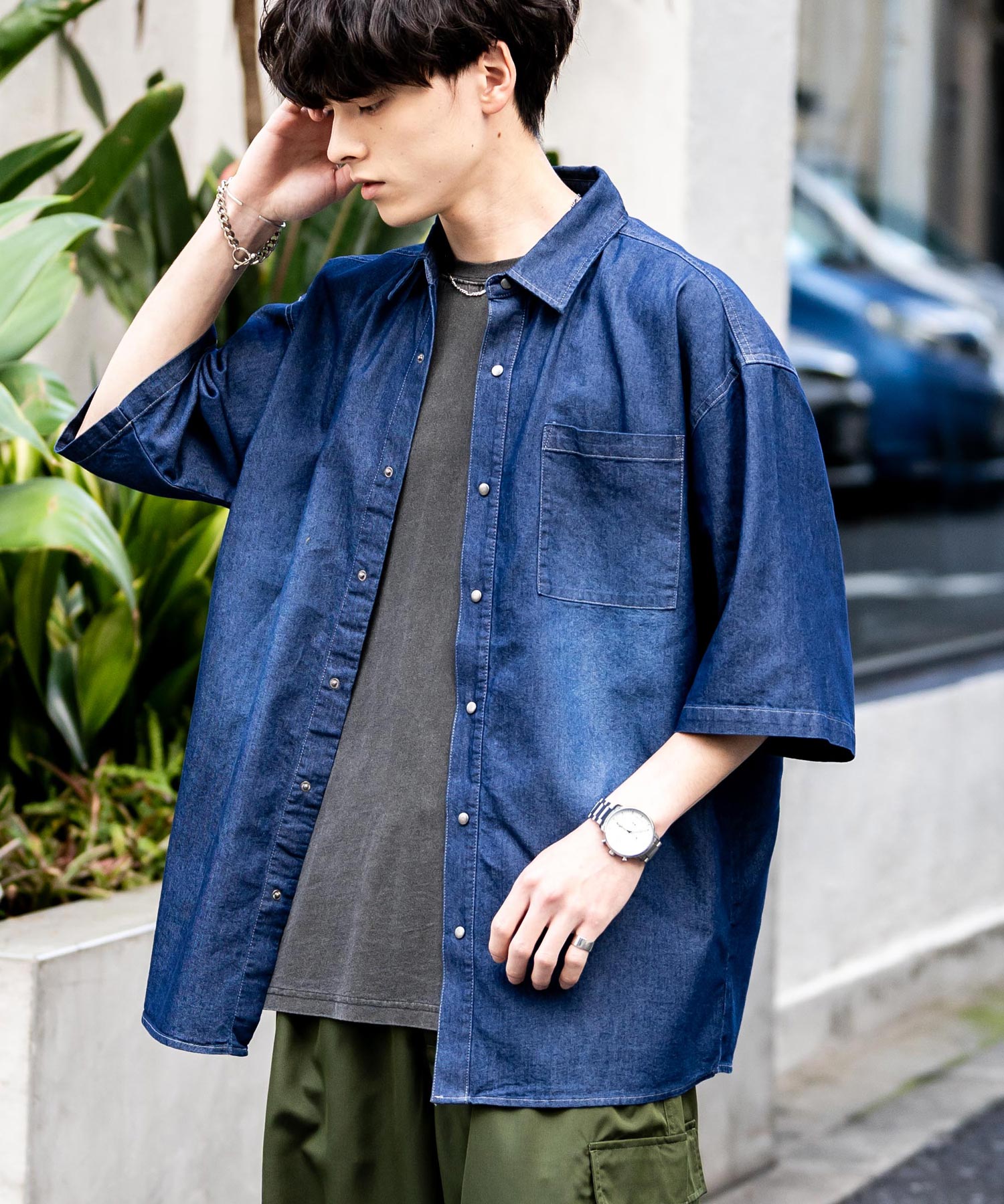 Rocky Monroe Denim Shirt Short Sleeve Shirt Jacket Men's Oversized Relaxed Loose Outerwear Casual Vintage Blast Chemical Wash 14273