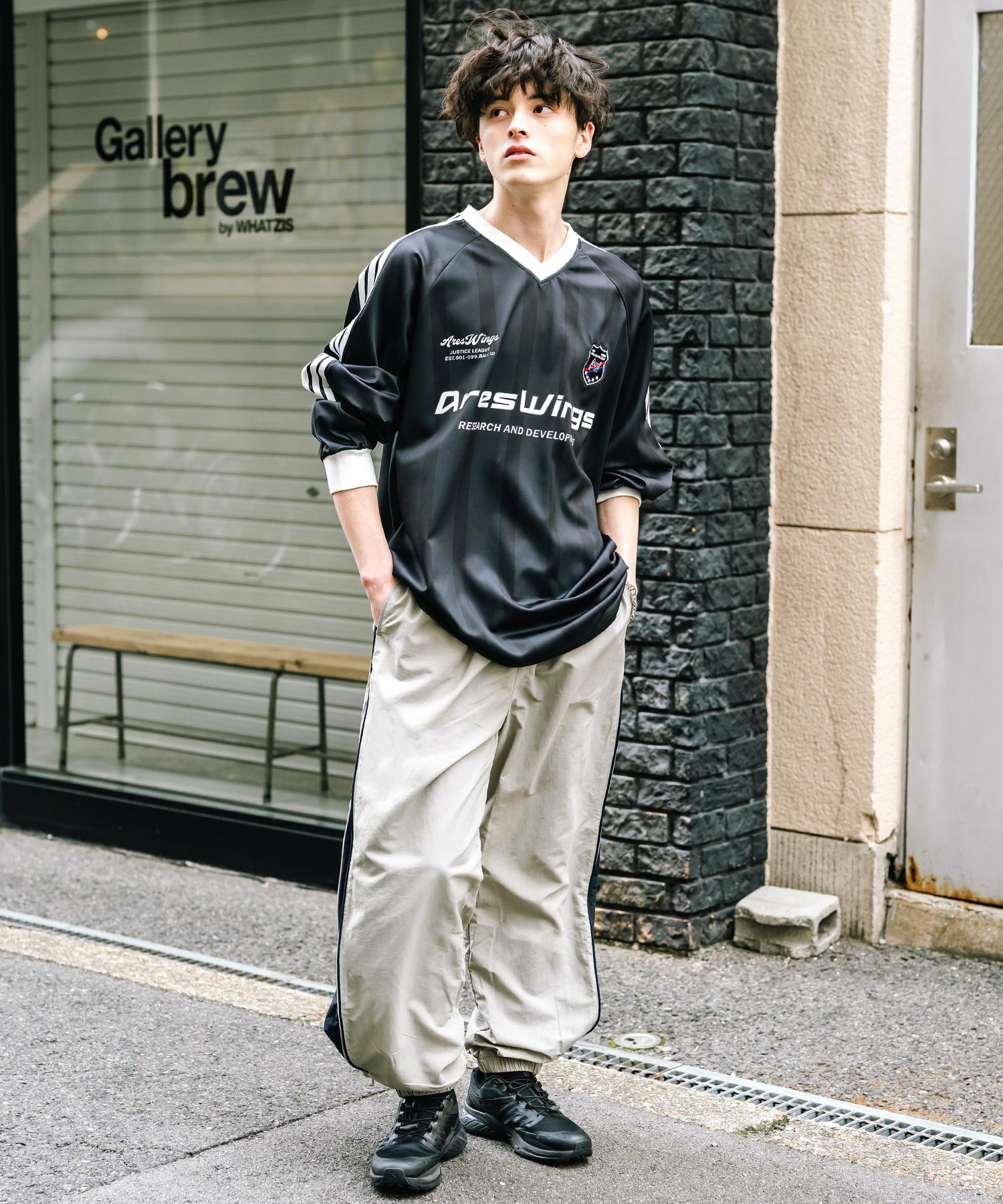 ロッキーモンロー Rocky Monroe トラックパンツ ナイロン サイドジップ ワイド メンズ レディース 配色 2way テック系 パイピング イージージョガー スケーター ドローコード 14308 （グレー） グレー