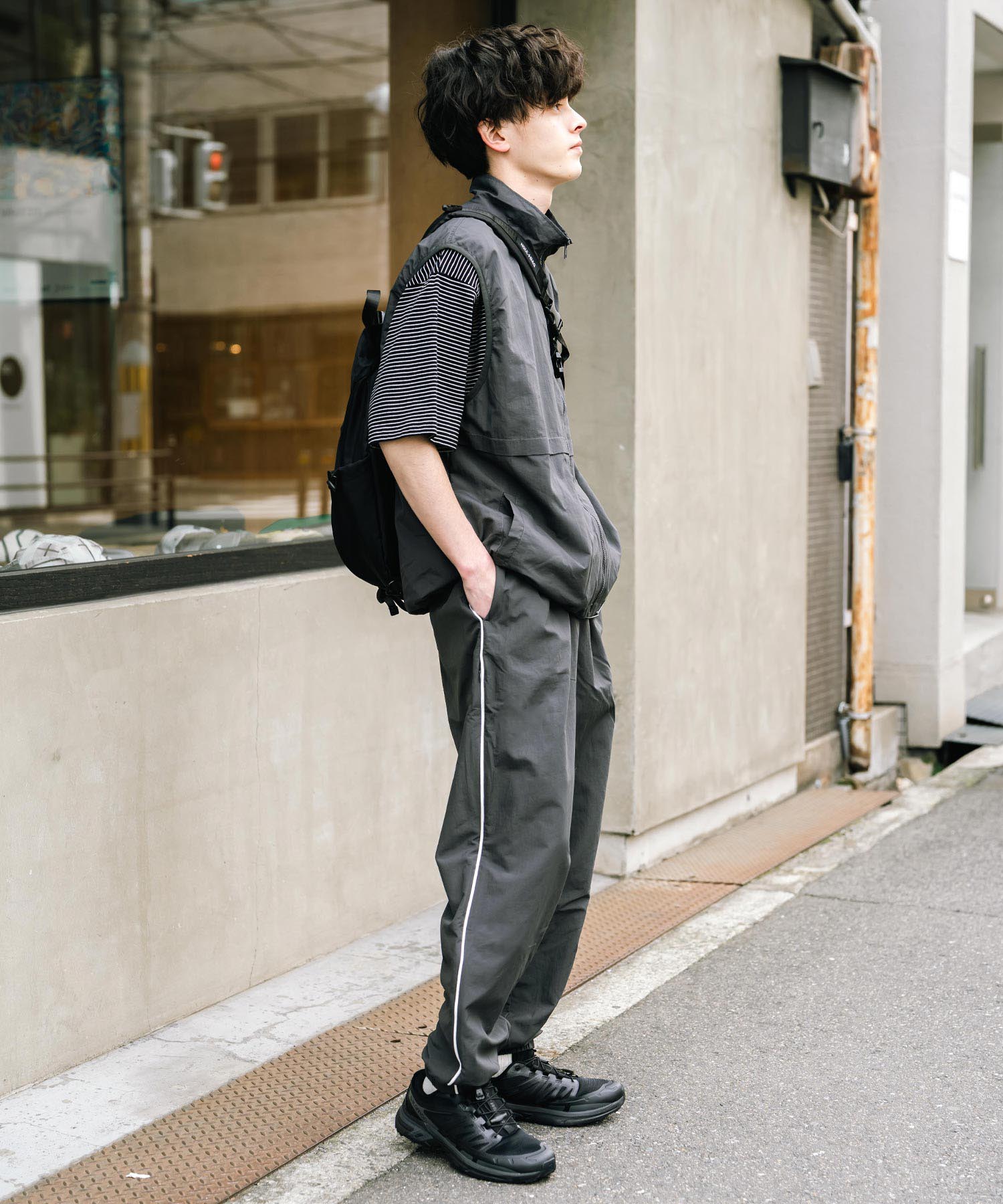 ロッキーモンロー Rocky Monroe トラックパンツ ナイロン サイドジップ ワイド メンズ レディース 配色 2way テック系 パイピング イージージョガー スケーター ドローコード 14308 （グレー） グレー