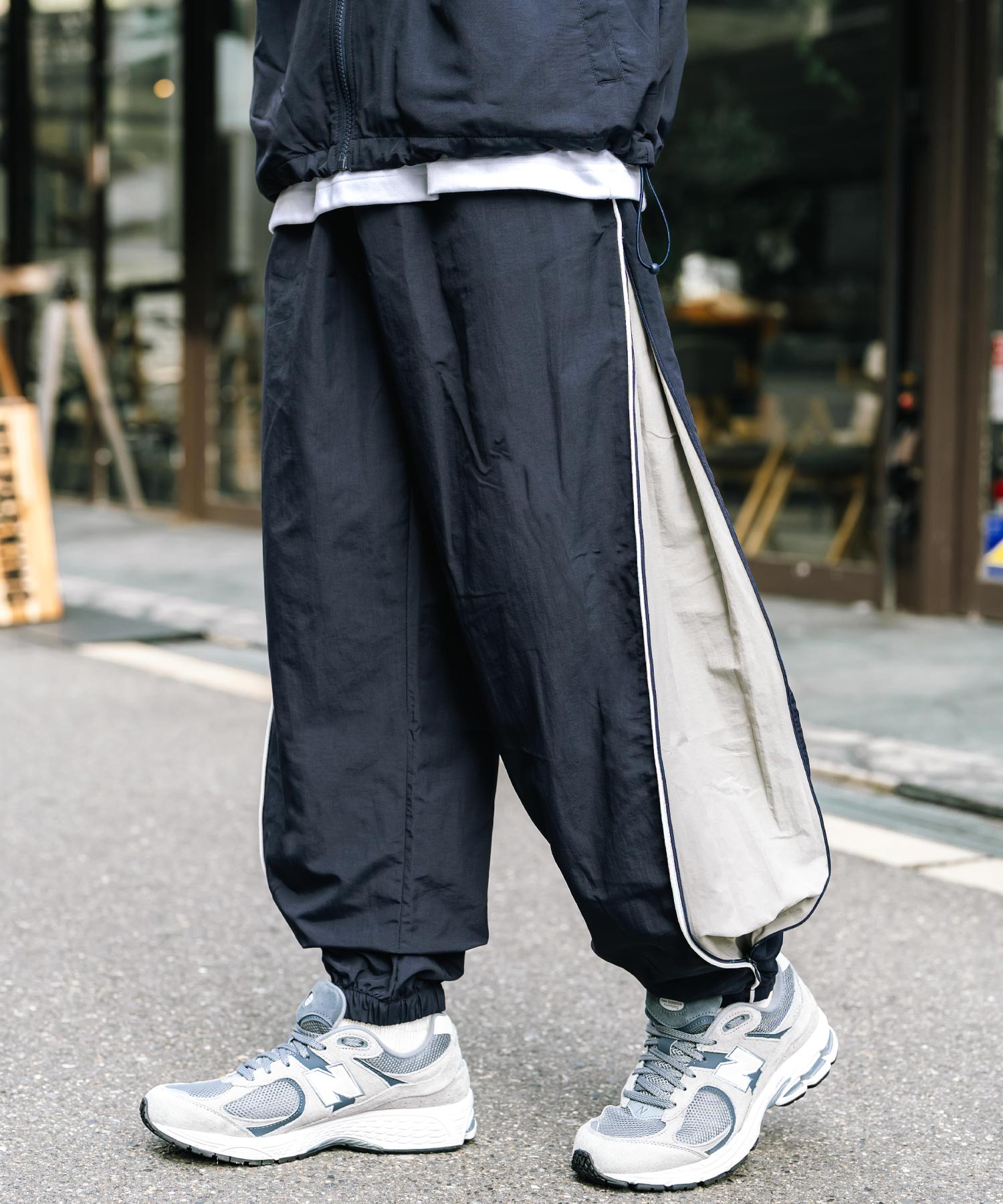 ロッキーモンロー Rocky Monroe トラックパンツ ナイロン サイドジップ ワイド メンズ レディース 配色 2way テック系 パイピング イージージョガー スケーター ドローコード 14308 （ネイビー） ネイビー