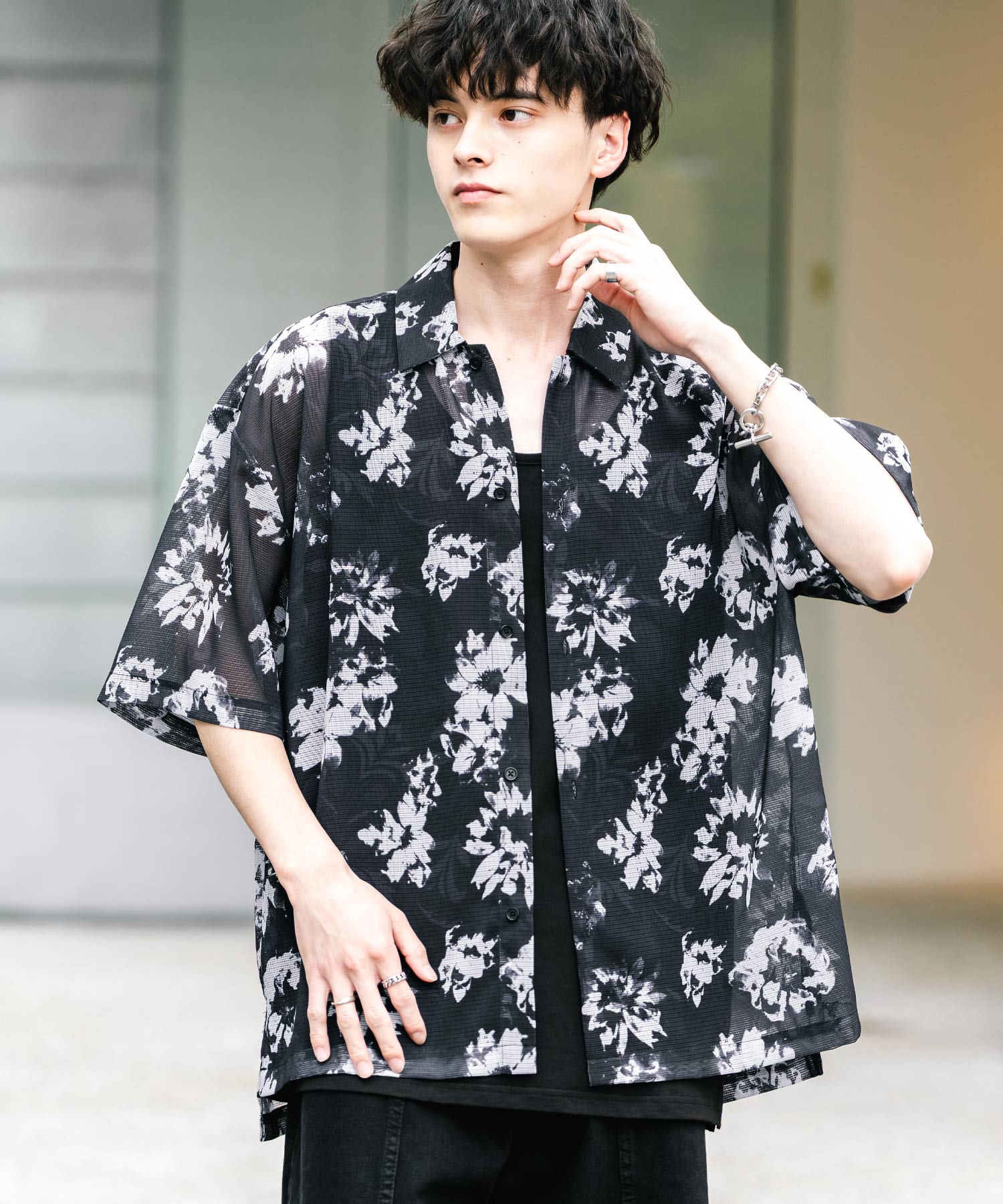 ロッキーモンロー Rocky Monroe カジュアルシャツ 半袖 メッシュ 総柄 メンズ レディース シアー レギュラーカラー オーバーサイズ チェック グレンチェック フラワー 花柄  14310 （ブラック(花柄）） ブラック(花柄）