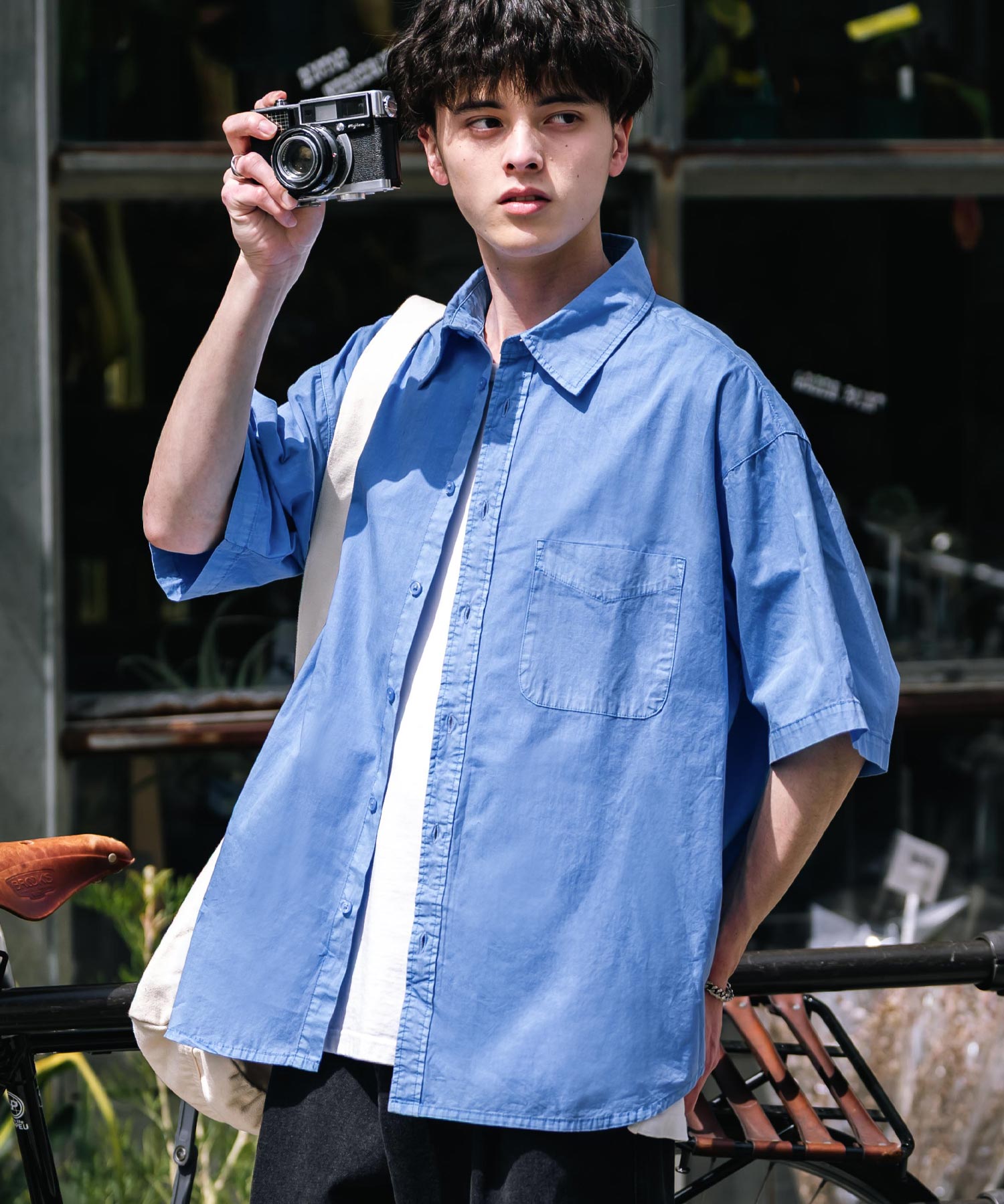 ロッキーモンロー Rocky Monroe カジュアルシャツ 半袖 ピグメント メンズ レディース ブロード 無地 オーバーサイズ ヴィンテージ USED感 製品染め フェード ストリート 14391 （グレー） グレー
