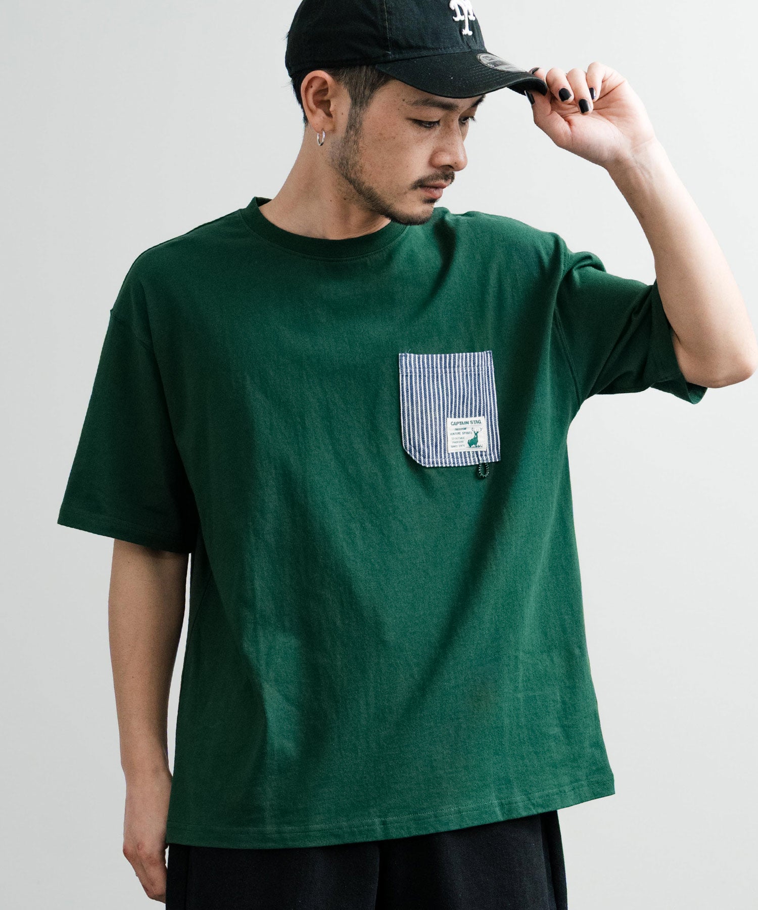 ロッキーモンロー Rocky Monroe Tシャツ 半袖 ポケット メンズ レディース カットソー オーバーサイズ ロゴ刺繍 ワンポイント CAPTAIN STAG キャプテンスタッグ 14541 （B60.グリーン） B60.グリーン