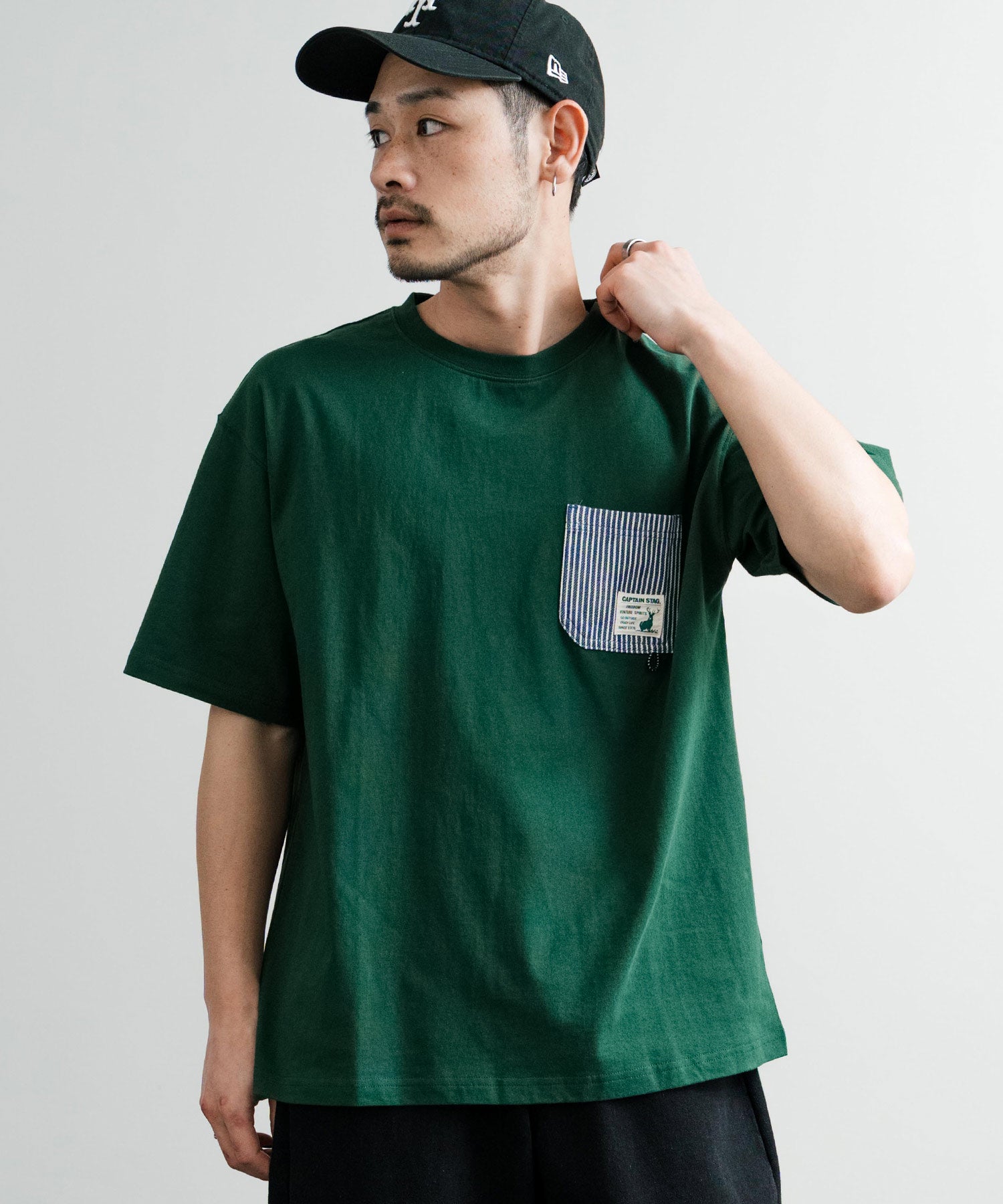 ロッキーモンロー Rocky Monroe Tシャツ 半袖 ポケット メンズ レディース カットソー オーバーサイズ ロゴ刺繍 ワンポイント CAPTAIN STAG キャプテンスタッグ 14541 （B60.グリーン） B60.グリーン