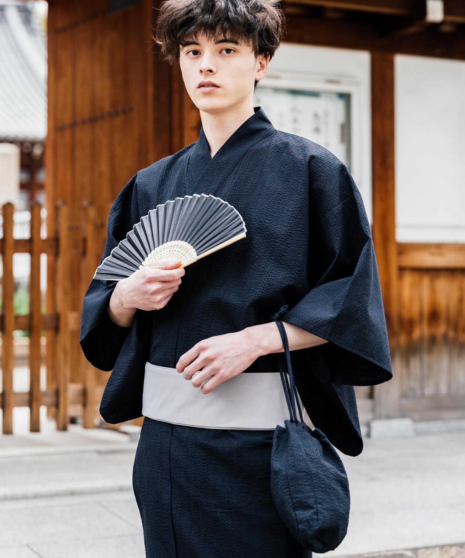 ロッキーモンロー Rocky Monroe 浴衣 5点セット メンズ 黒 下駄 扇子 帯 巾着 信玄袋 着物 和服 しじら織り シアサッカー 無地 ストライプレトロ モダン 花火大会 夏祭り 14155 （ネイビー-1） ネイビー-1