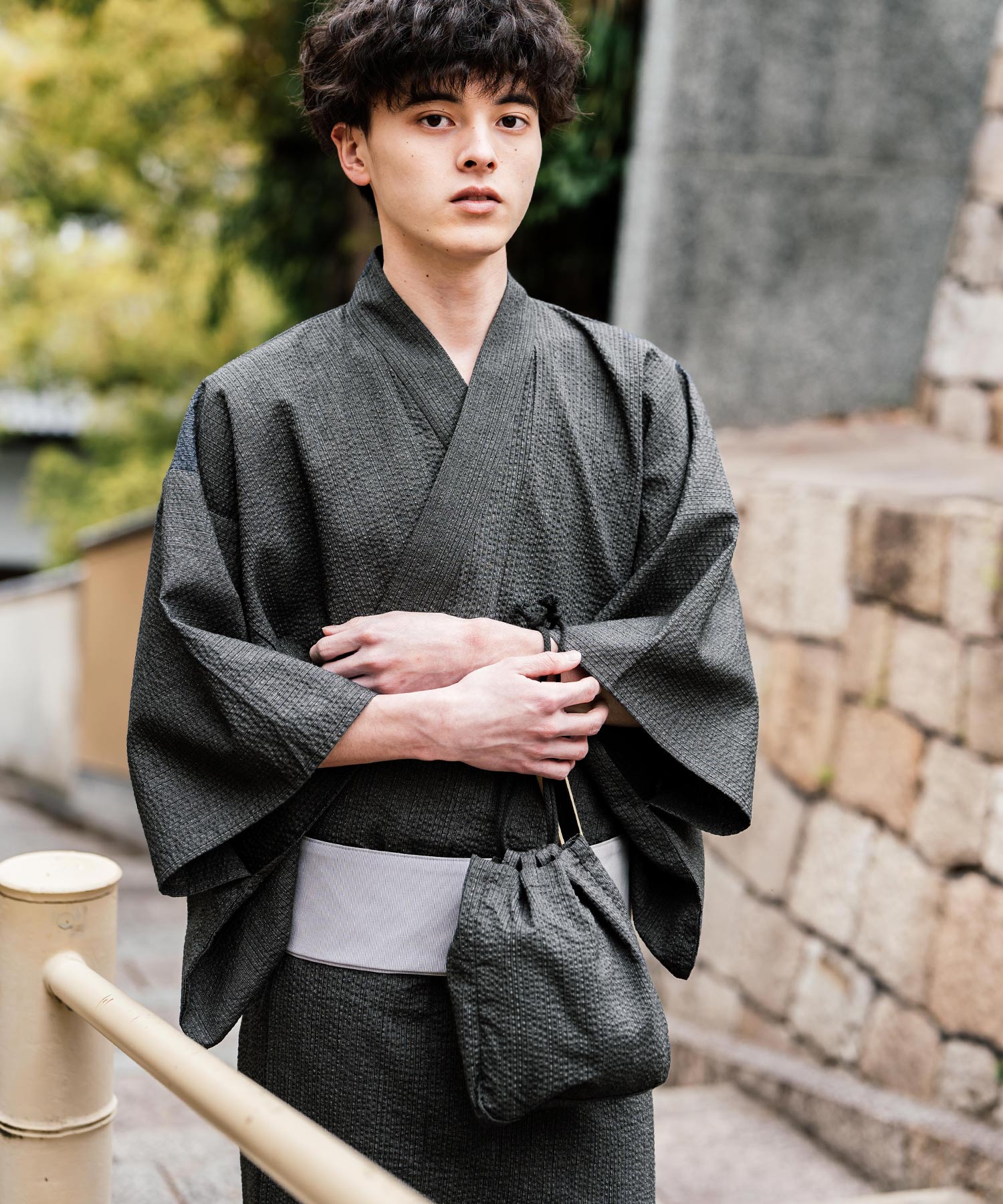 ロッキーモンロー Rocky Monroe 浴衣 5点セット メンズ 黒 下駄 扇子 帯 巾着 信玄袋 着物 和服 しじら織り シアサッカー 無地 ストライプレトロ モダン 花火大会 夏祭り 14155 （ネイビー-1） ネイビー-1