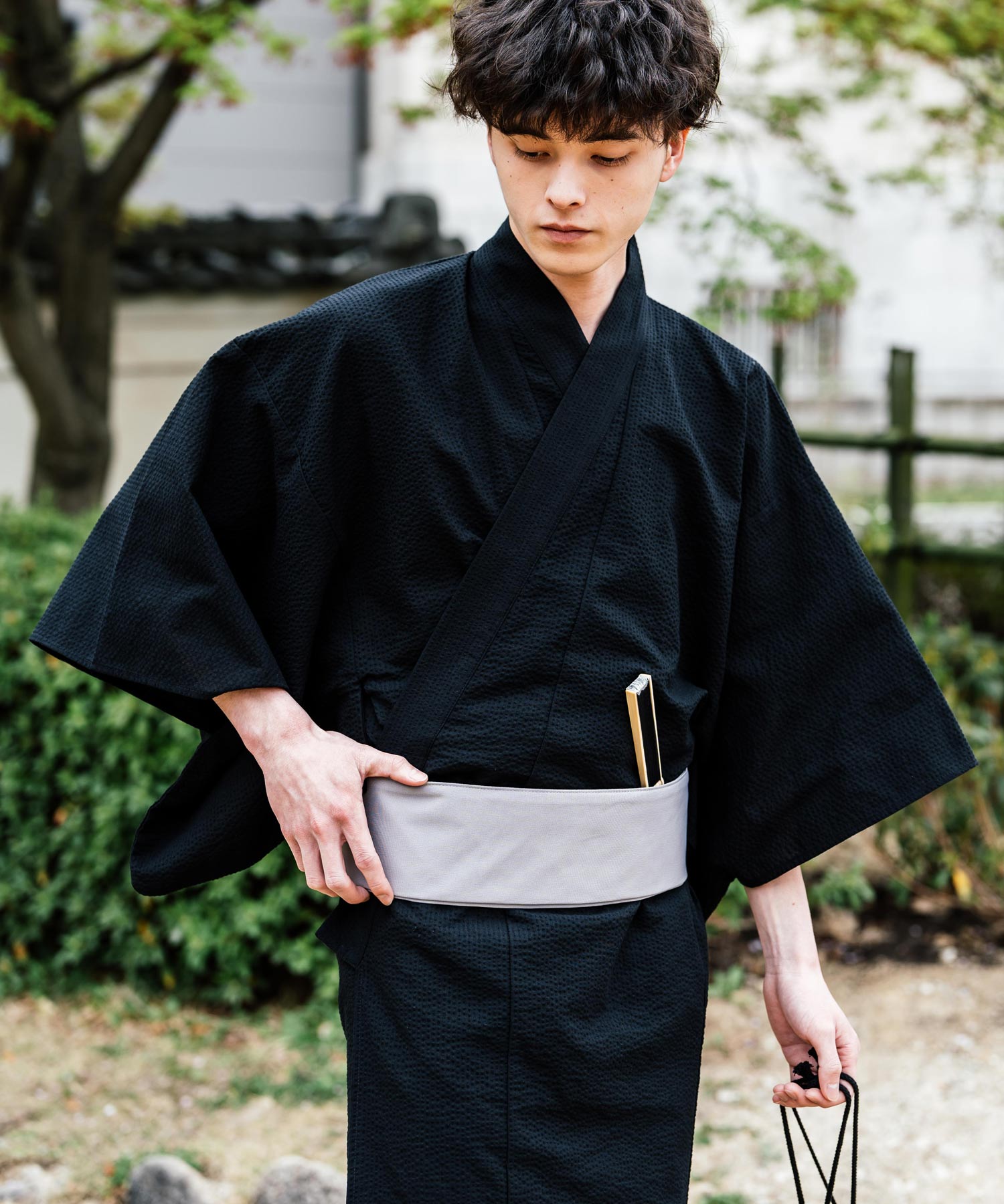 ロッキーモンロー Rocky Monroe 浴衣 5点セット メンズ 黒 下駄 扇子 帯 巾着 信玄袋 着物 和服 しじら織り シアサッカー 無地 ストライプレトロ モダン 花火大会 夏祭り 14155 （ネイビー-1） ネイビー-1