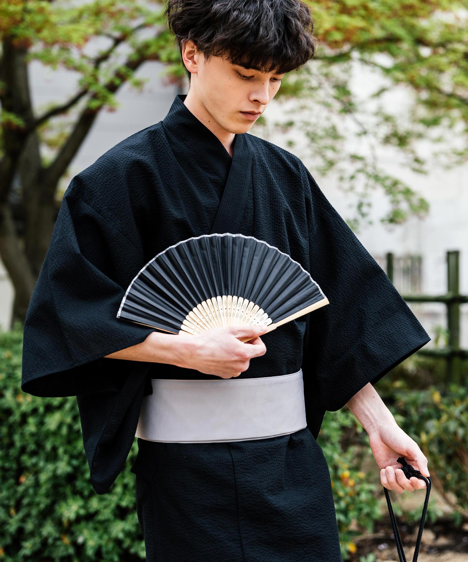ロッキーモンロー Rocky Monroe 浴衣 5点セット メンズ 黒 下駄 扇子 帯 巾着 信玄袋 着物 和服 しじら織り シアサッカー 無地 ストライプレトロ モダン 花火大会 夏祭り 14155 （ネイビー-1） ネイビー-1