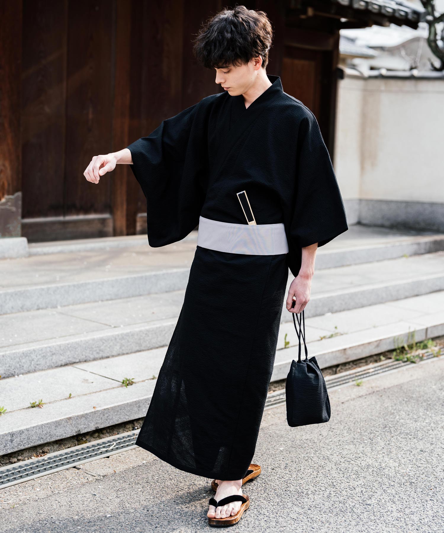 ロッキーモンロー Rocky Monroe 浴衣 5点セット メンズ 黒 下駄 扇子 帯 巾着 信玄袋 着物 和服 しじら織り シアサッカー 無地 ストライプレトロ モダン 花火大会 夏祭り 14155 （ネイビー-1） ネイビー-1