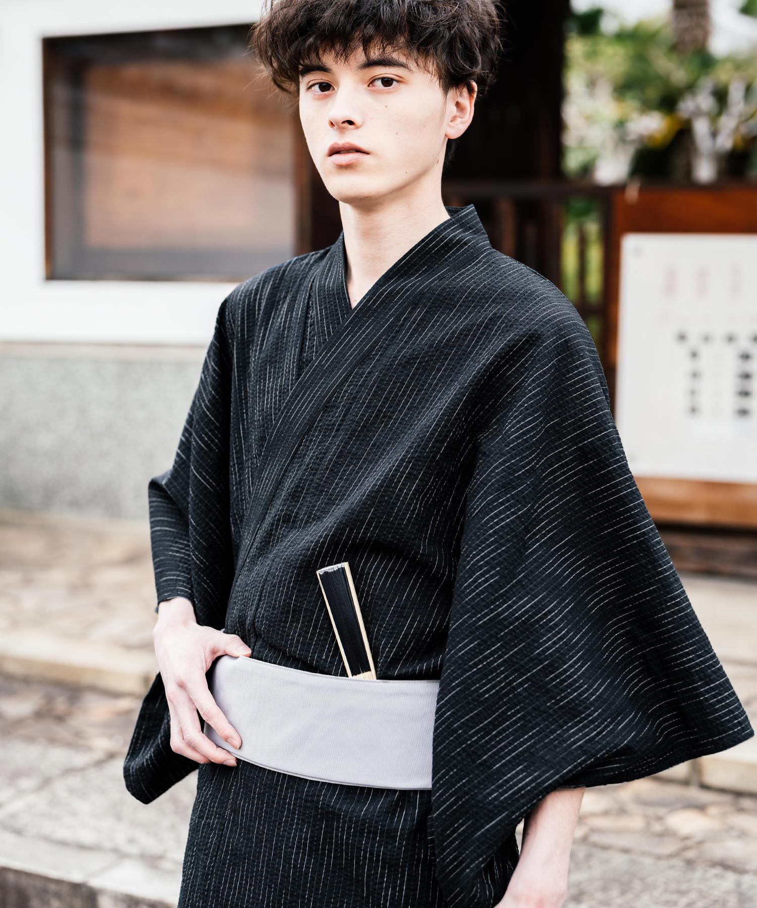 ロッキーモンロー Rocky Monroe 浴衣 5点セット メンズ 黒 下駄 扇子 帯 巾着 信玄袋 着物 和服 しじら織り シアサッカー 無地 ストライプレトロ モダン 花火大会 夏祭り 14155 （ネイビー-1） ネイビー-1