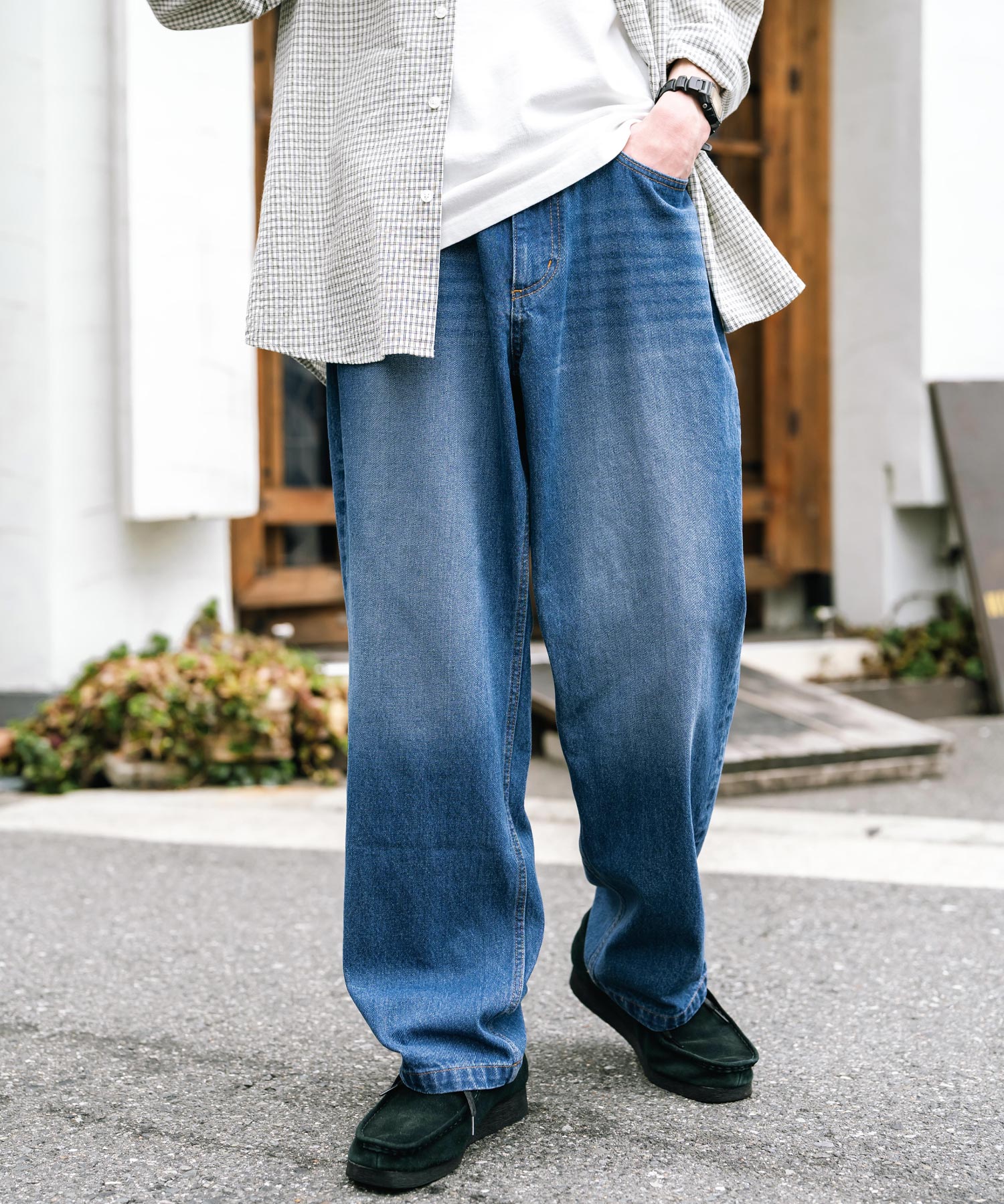 ロッキーモンロー Rocky Monroe ワイドパンツ デニム メンズ テーパード リラックス ルーズ ユーズド ヒゲ加工 ワンウォッシュ ケミカル オーバーダイ ヴィンテージ ブラスト 14464 （ブルーオーバーダイ） ブルーオーバーダイ