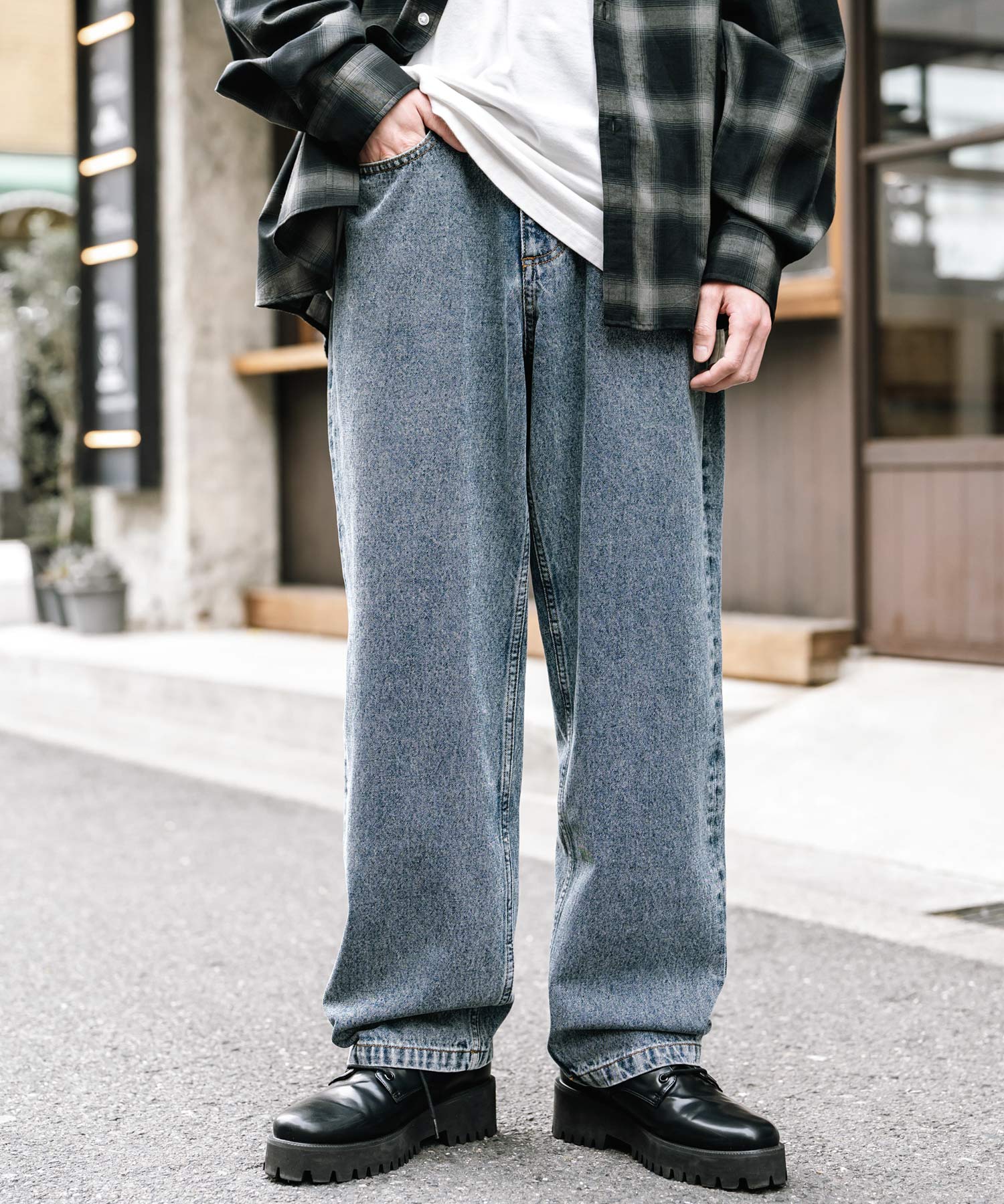 ロッキーモンロー Rocky Monroe ワイドパンツ デニム メンズ テーパード リラックス ルーズ ユーズド ヒゲ加工 ワンウォッシュ ケミカル オーバーダイ ヴィンテージ ブラスト 14464 （ブルーオーバーダイ） ブルーオーバーダイ