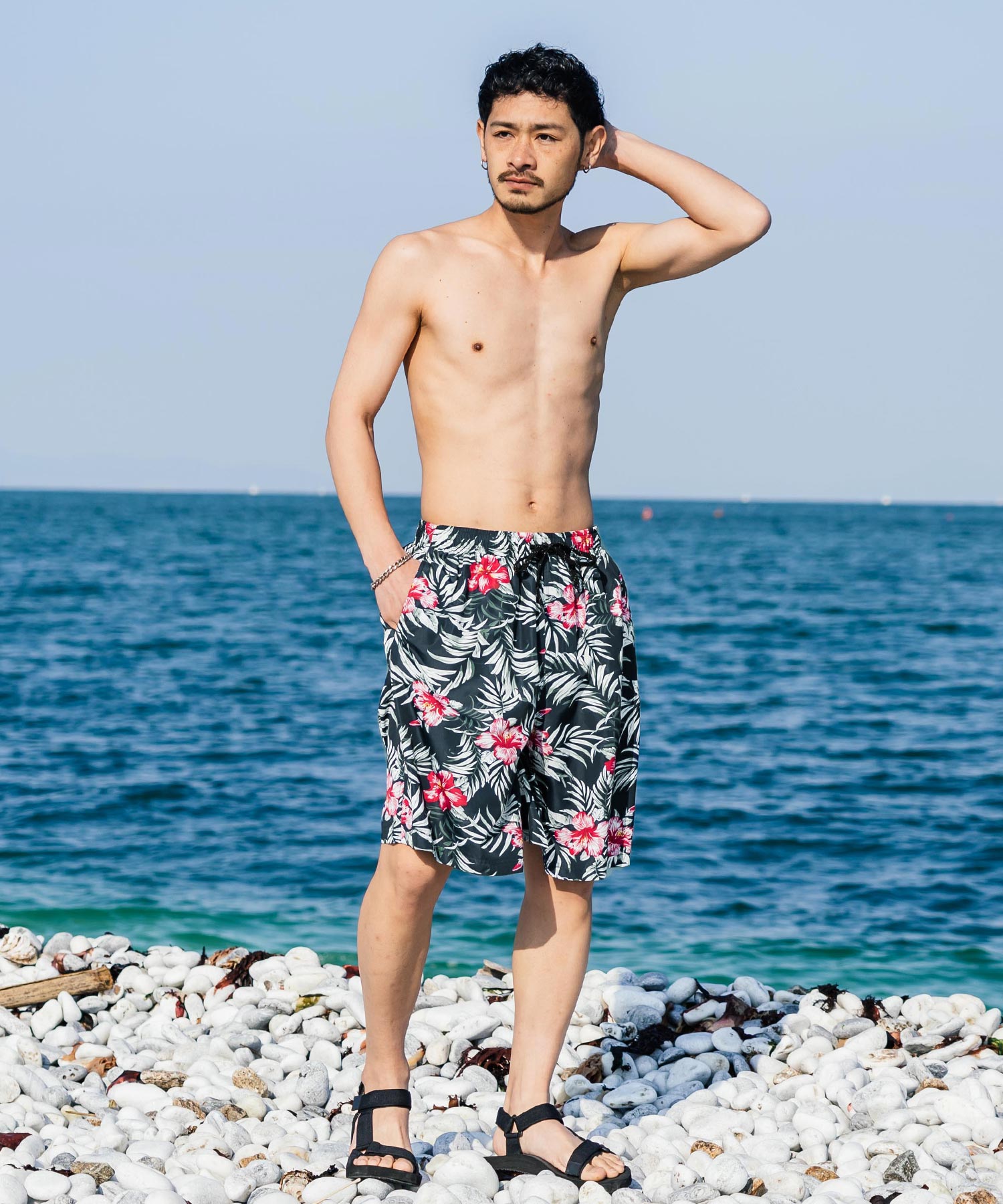ロッキーモンロー Rocky Monroe 水着 ボードショーツ メンズ 水陸両用 スイムウェア 海パン サーフ ショート ハーフ 短パン イージー 膝丈 無地 ボーダー カモフラ レオパード 14164 【返品不可商品】 （ネイビー×ホワイト） ネイビー×ホワイト