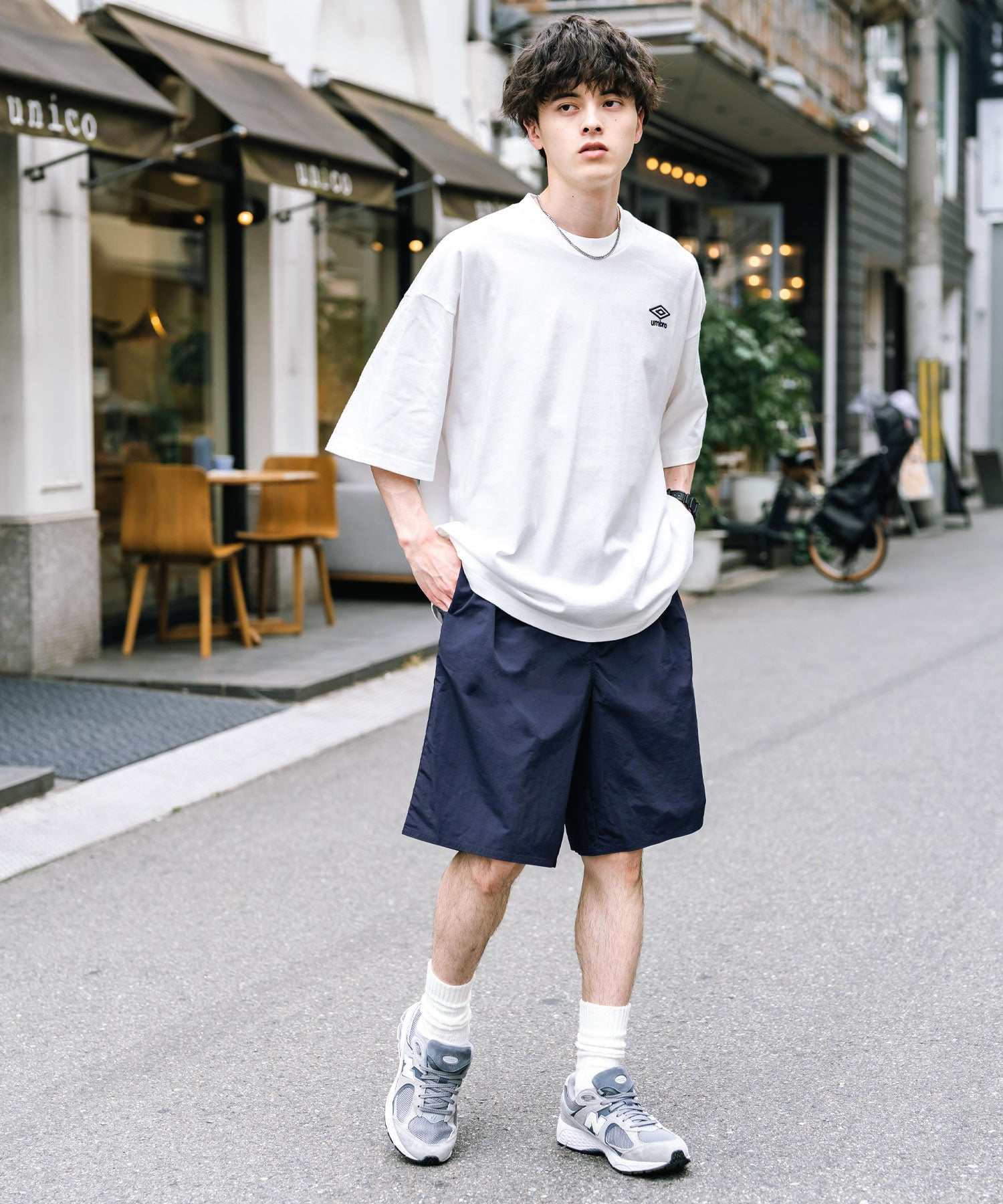 ロッキーモンロー Rocky Monroe UMBRO ショートパンツ ワイド ナイロン メンズ レディース イージーショーツ 短パン ひざ丈  ハーフ ワンポイント ロゴ刺繍 別注コラボ 14473 （ネイビー） ネイビー
