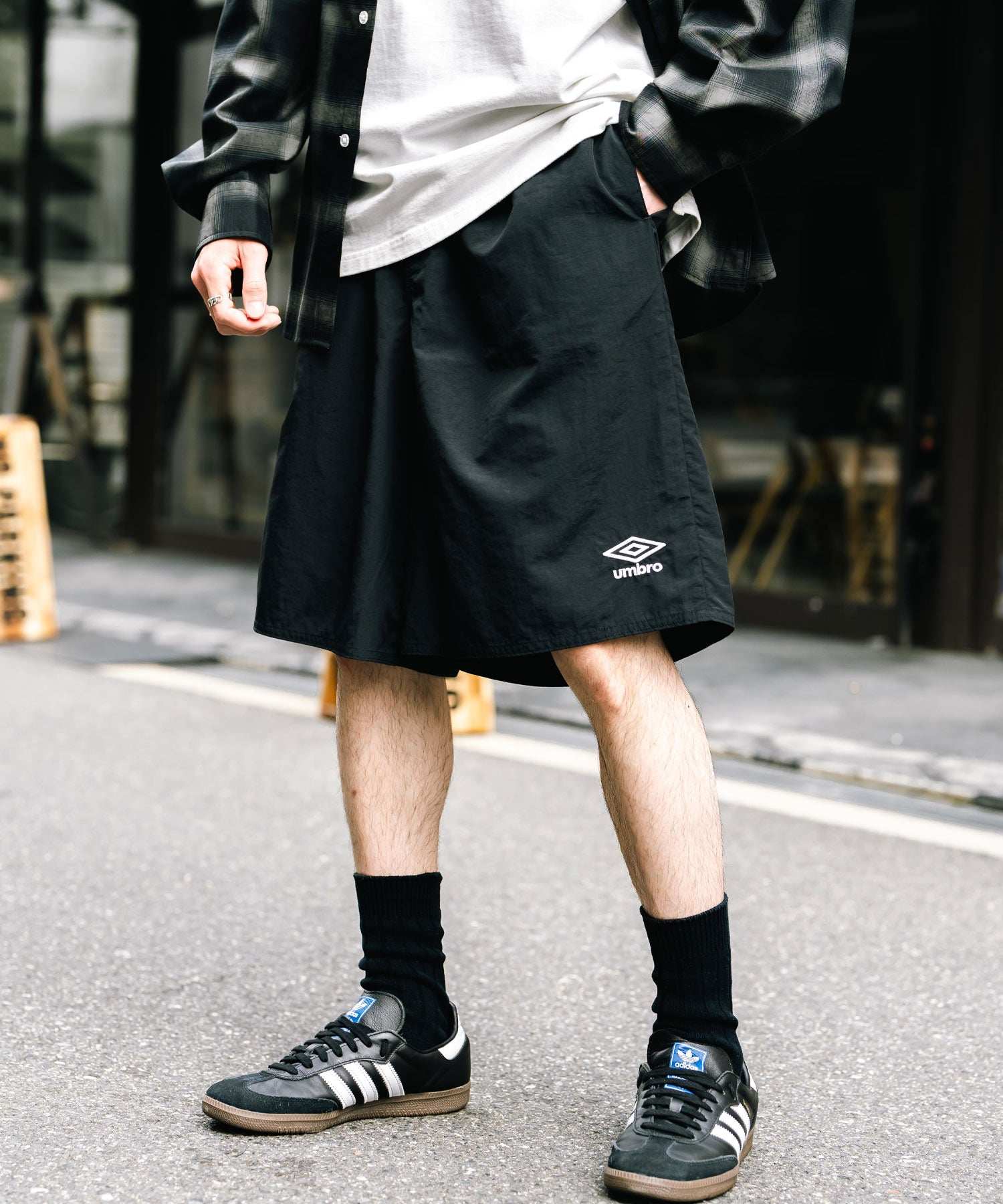 ロッキーモンロー Rocky Monroe UMBRO ショートパンツ ワイド ナイロン メンズ レディース イージーショーツ 短パン ひざ丈  ハーフ ワンポイント ロゴ刺繍 別注コラボ 14473 （ネイビー） ネイビー