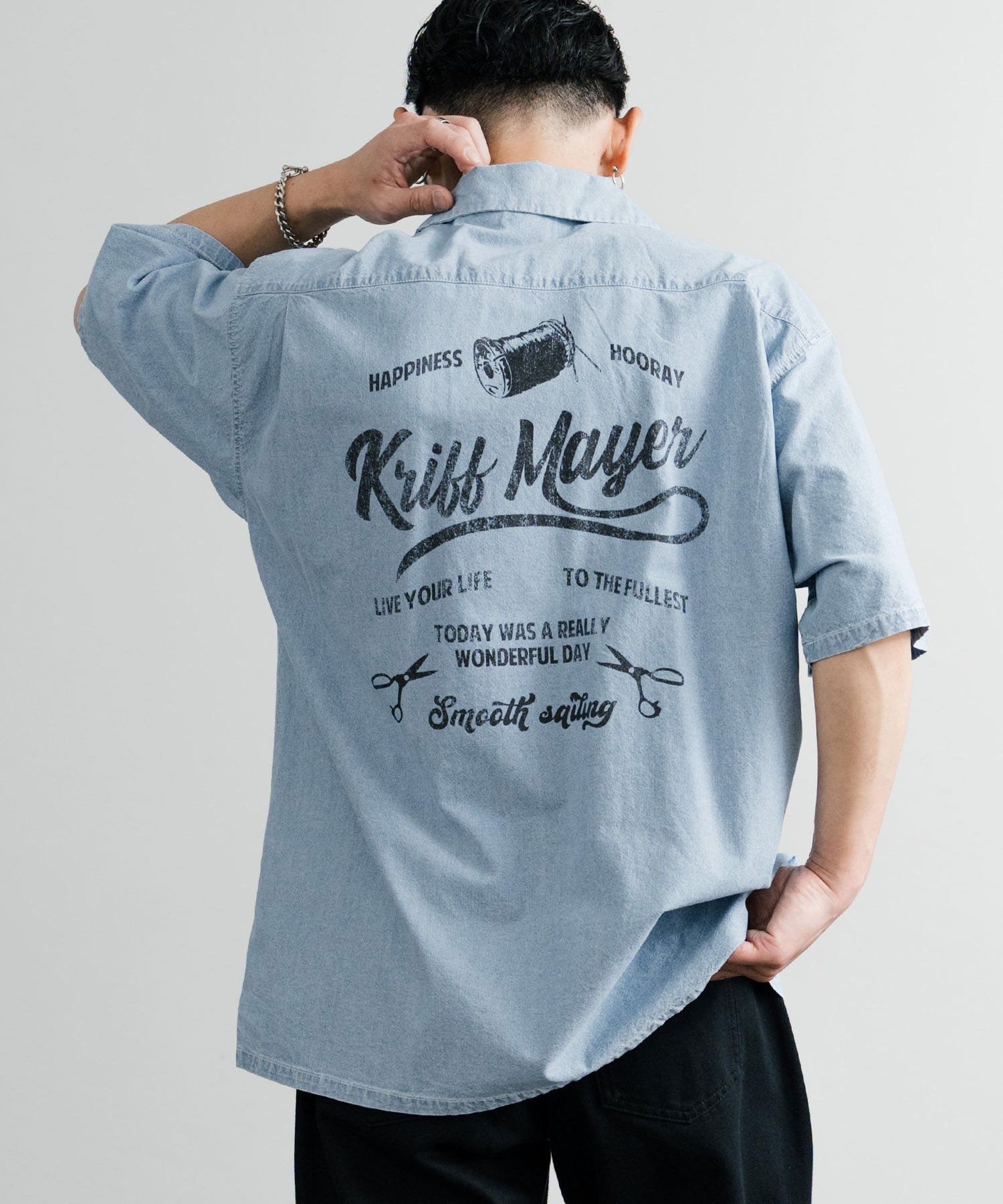 ロッキーモンロー Rocky Monroe カジュアルシャツ 半袖 開襟 オープンカラー シャンブレー メンズ プリント オーバーサイズ アメカジ 古着 KRIFF MAYER 2454000 14678 （72.D.ブルー） 72.D.ブルー